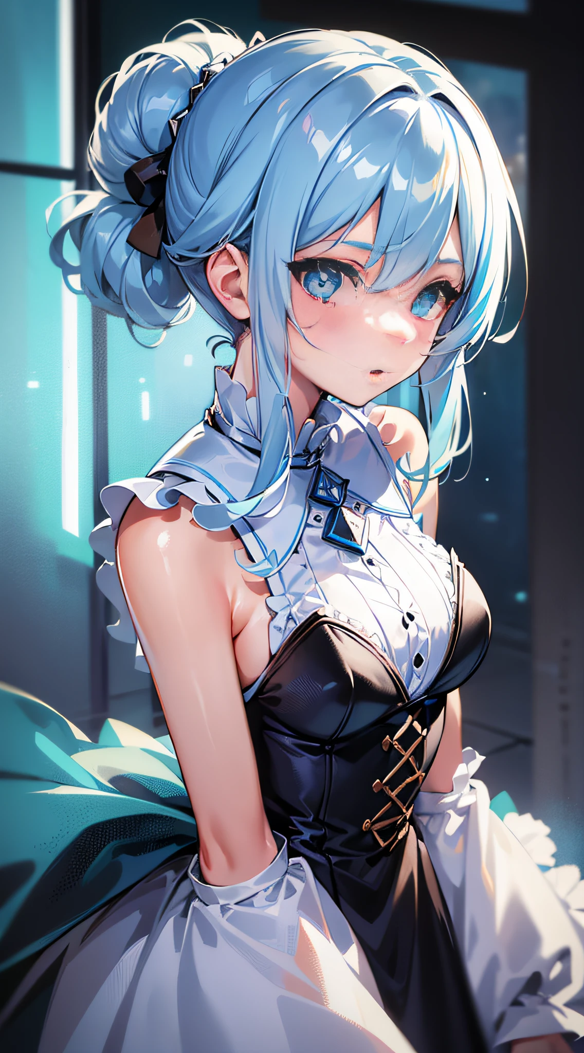 ((masterpiece)), (best quality), (detailed), (1girl), light blue gradient hair, light blue glowing eyes, Updo, wearing a white shirt and black dress, looking down at the viewer