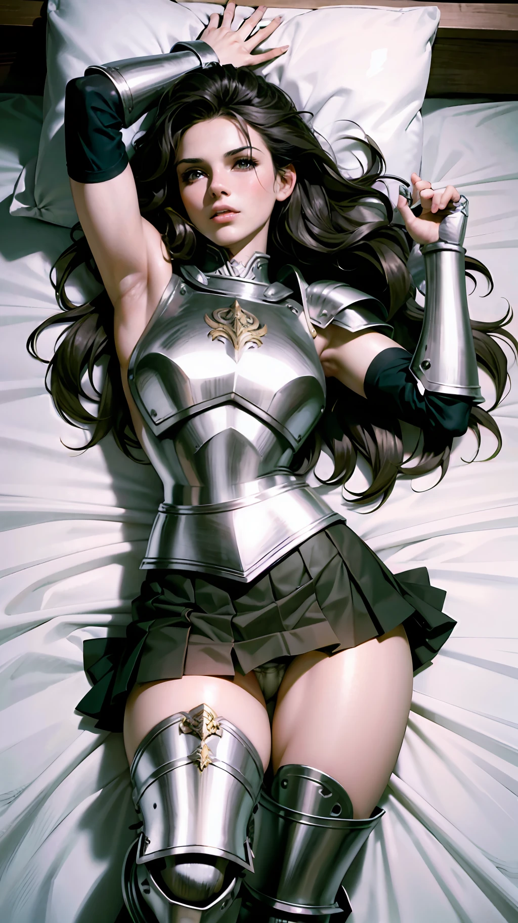 Warrior brunette, 1 girl, costume, best quality, 8k, wallpaper, ultra detailed, ultra realistic, armor plates, short skirt, skirt lifted, green skirt, white panties, thong, panties appearing, dark hair, wavy hair, realistic, D&D, lying in bed, cameltoe, pantyshot, legs open, legs apart, upskirt, Steel gauntlets, steel boots, steel breastplate, RAW,