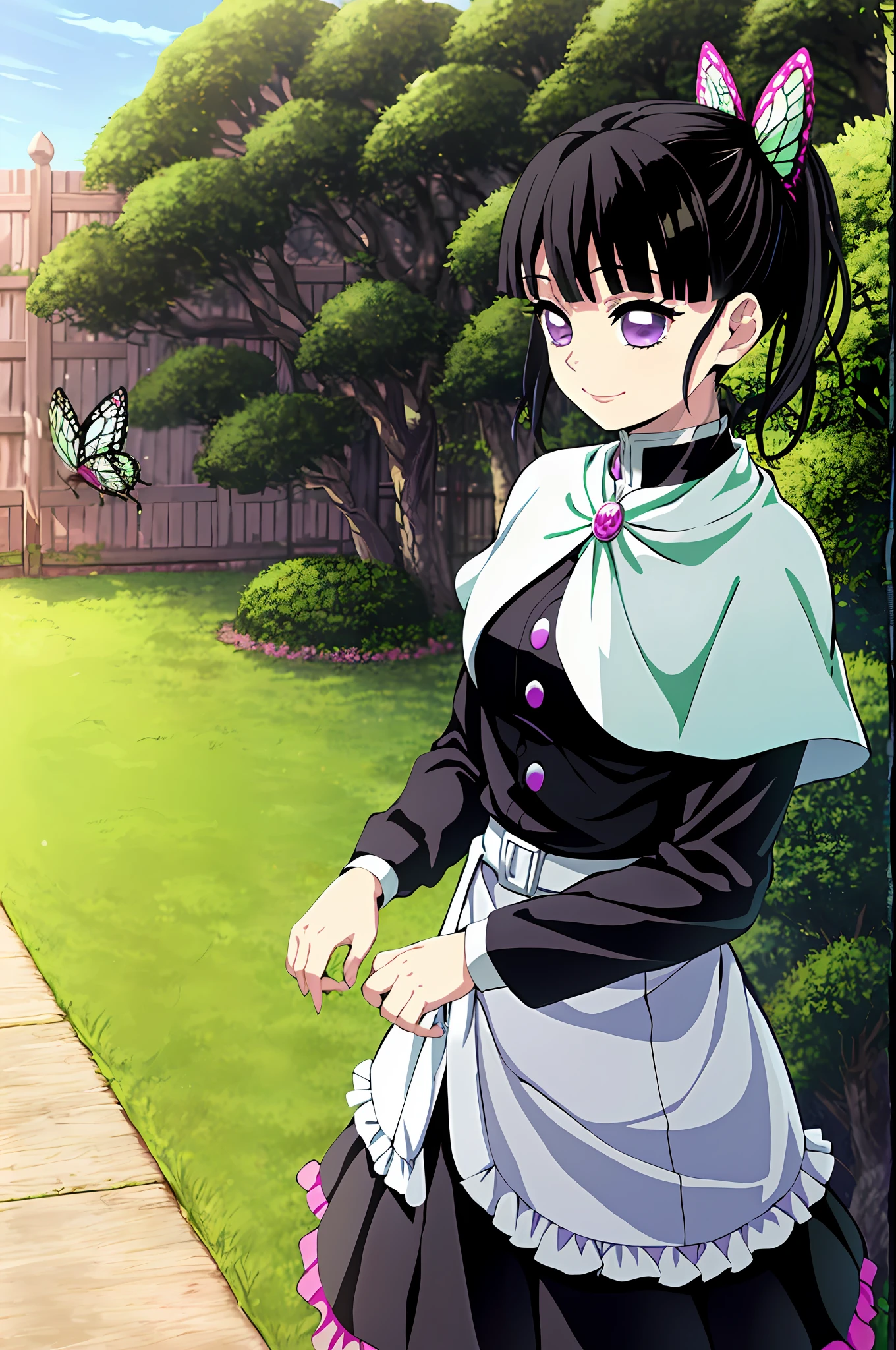 kimetsu no yaiba style, 1girl, butterfly hair ornament, hair ornament, butterfly, bug, demon slayer uniform, solo, purple eyes, side ponytail, butterfly on hand, smile, black hair, white cape, cape, outdoors, bangs, tree, fence, anime coloring, ((masterpiece)), black uniform, black skirt,