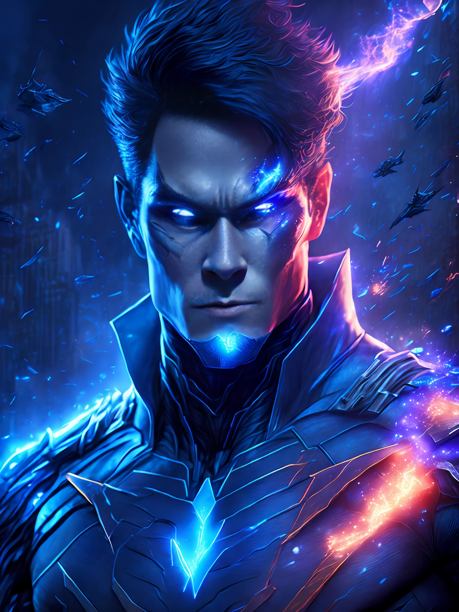 gloomy portrait of God Nightwing from DC, extremely detailed, futuristic cityscape, nighttime, glowing neon lights, smoke, sparks, metal shavings, flying debris, blue energy effects, volumetric light