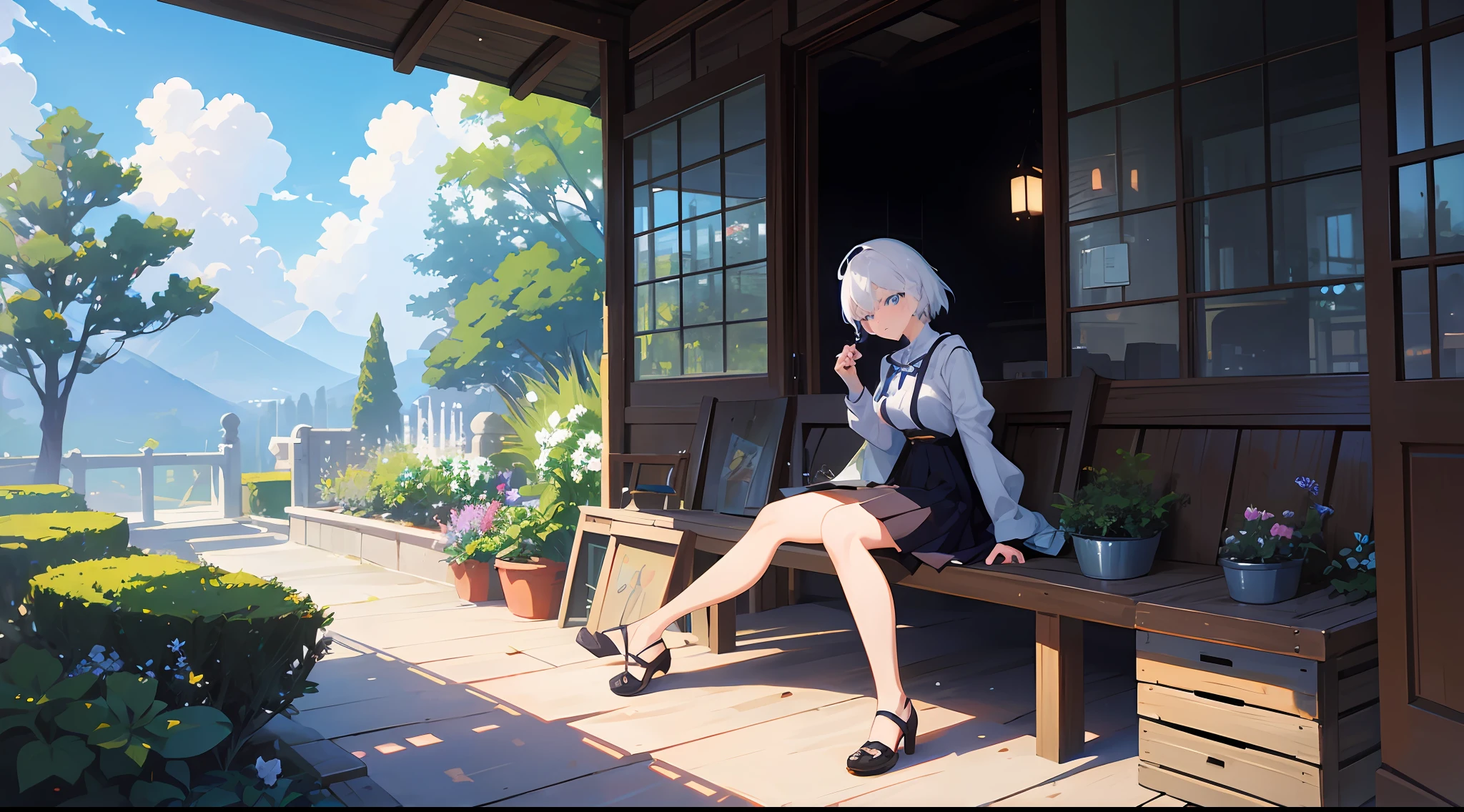Painting of a woman sitting on a shelf in a garden, Makoto Sinkai, landscape by Ilya Kuvshinov, reflections. by Makoto Shinkai, Studio Glibly Makoto Shinkai, artwork in the style of Guweiz, Guweiz, by Yanjun Cheng, in the style of Makoto Shinkai, Loish and Wlop, (white hair, blue eyes.)
