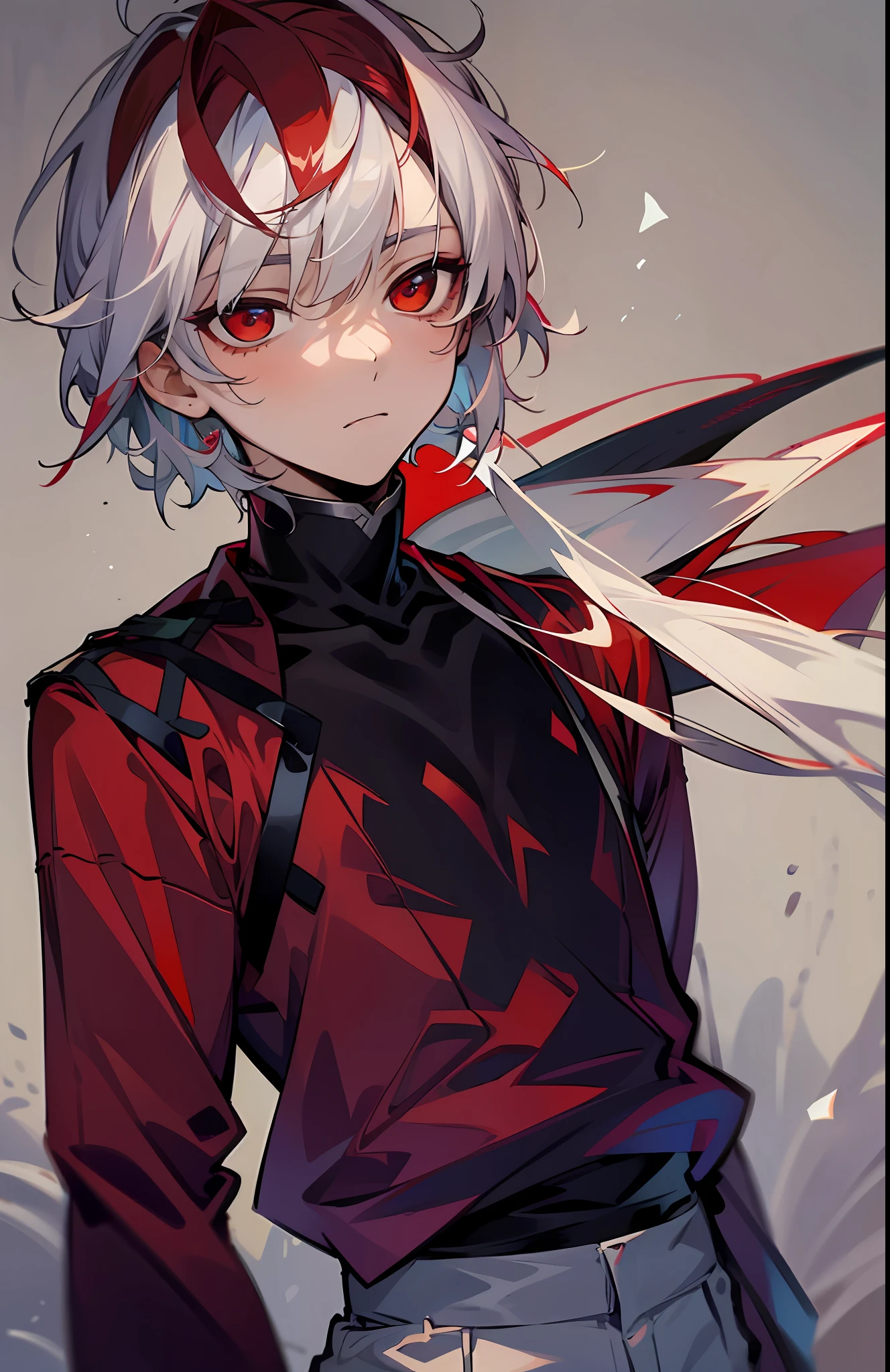 Young man with white hair, red pupils, expressionless