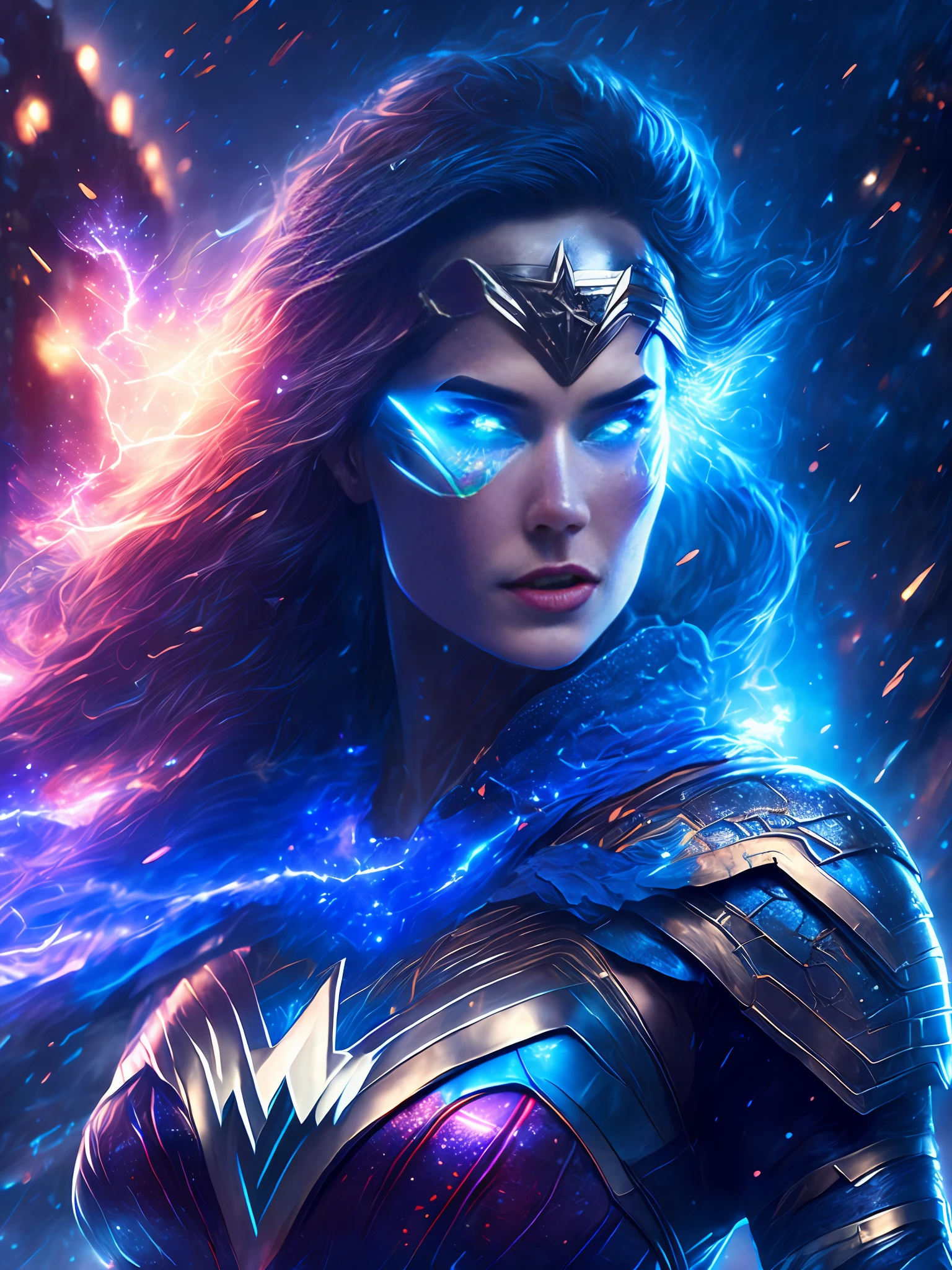 gloomy portrait of God Wonder Woman from DC, extremely detailed, futuristic cityscape, nighttime, glowing neon lights, smoke, sparks, metal shavings, flying debris, blue energy effects, volumetric light