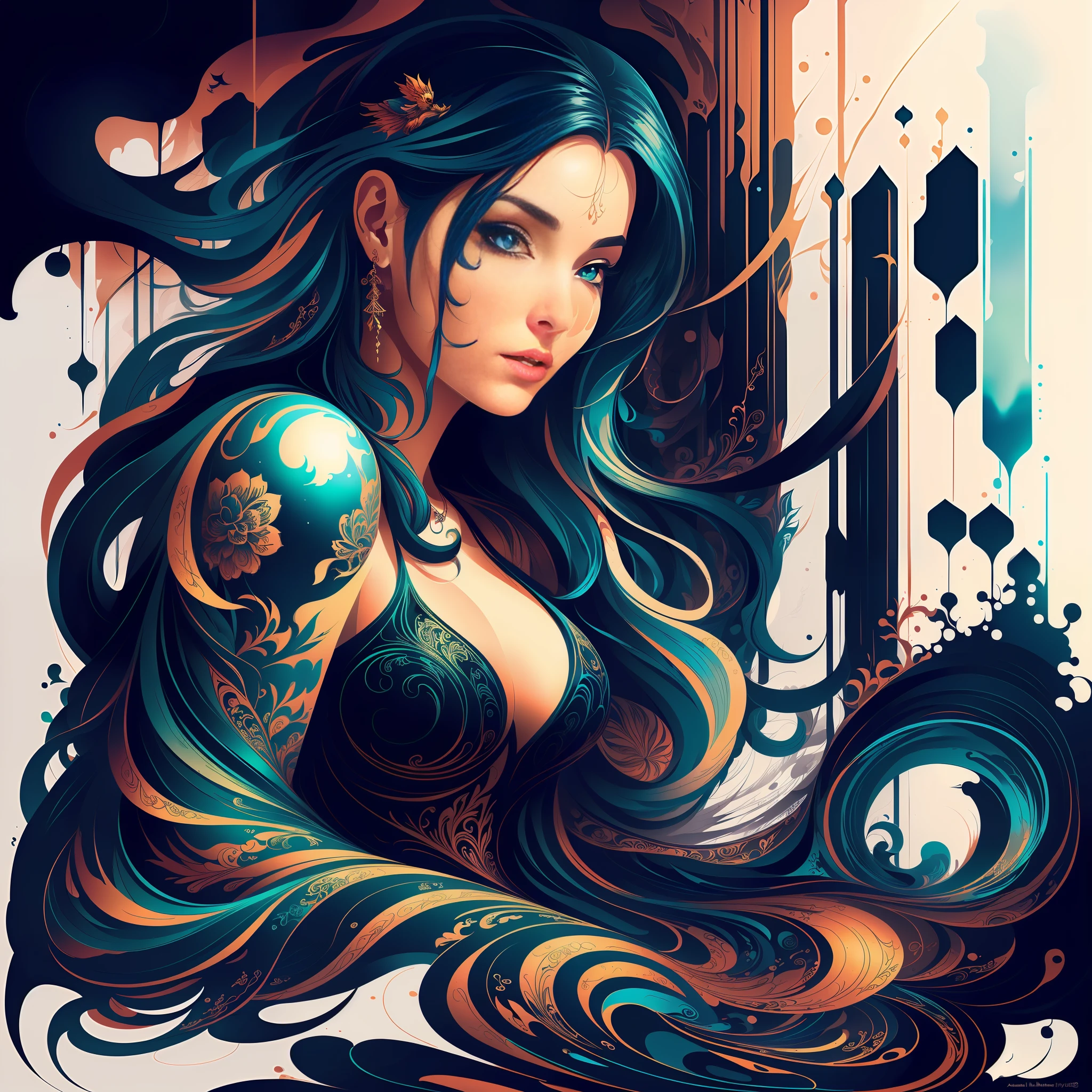 Colorful beautiful woman: Black ink flow: 8k resolution photorealistic masterpiece: by Aaron Horkey and Jeremy Mann: intricately detailed fluid gouache painting: by Jean Baptiste Mongue: calligraphy: acrylic: watercolor art, professional photography, natural lighting, volumetric lighting maximalist photoillustration: by marton bobzert: 8k resolution concept art intricately detailed, complex, elegant, expansive, fantastical