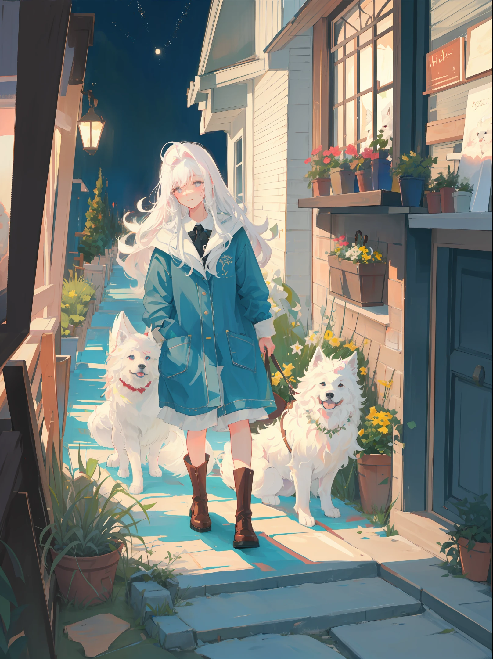 A Samoyed, cute, fluffy, at night, in the yard, the light shines through the window on the dog, in the countryside