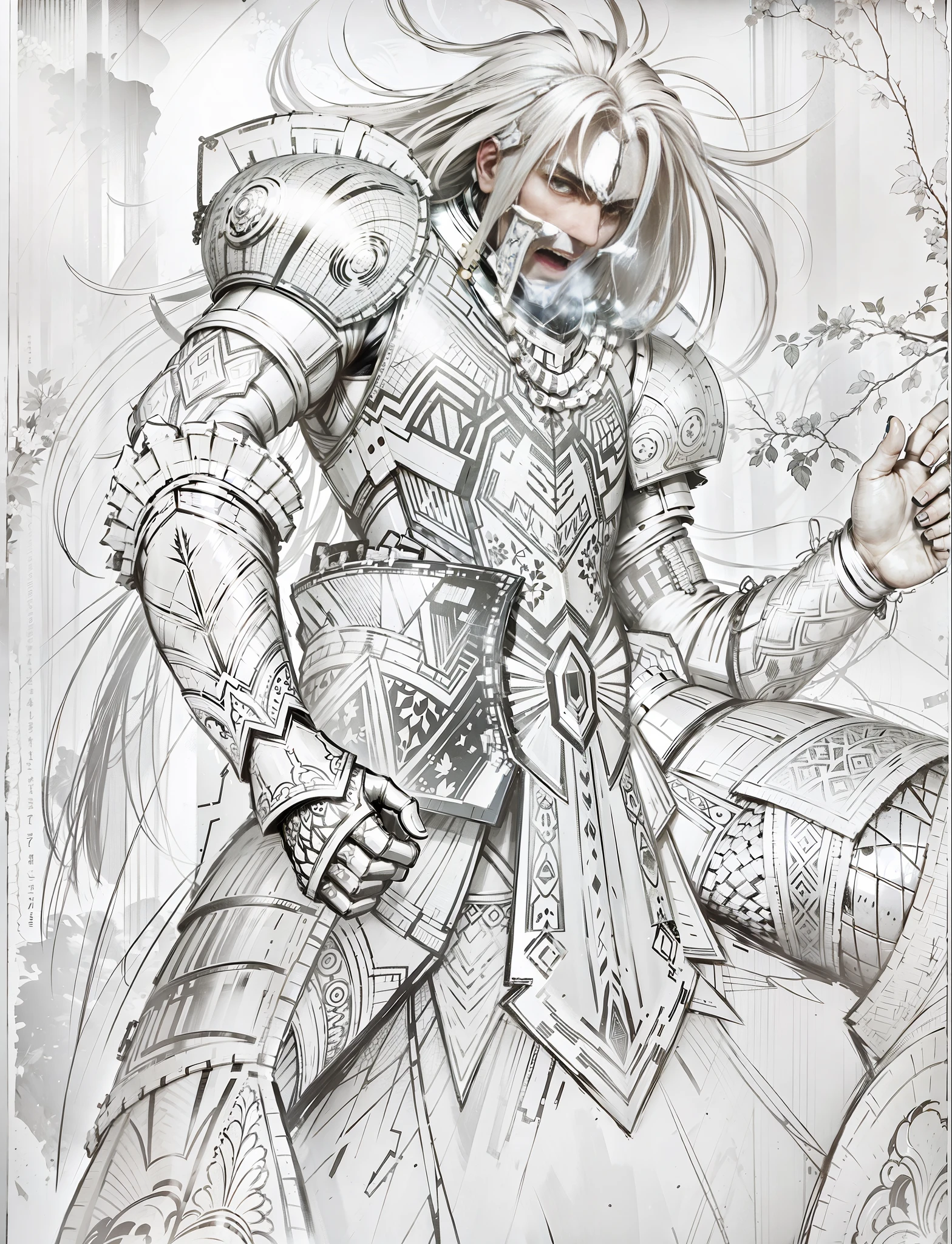 A man in armor, shouting gorgeous patterned armor, helmet in right hand, 8K, realism, correct anatomy, perfect limbs, perfect fingers, background blur, soft light