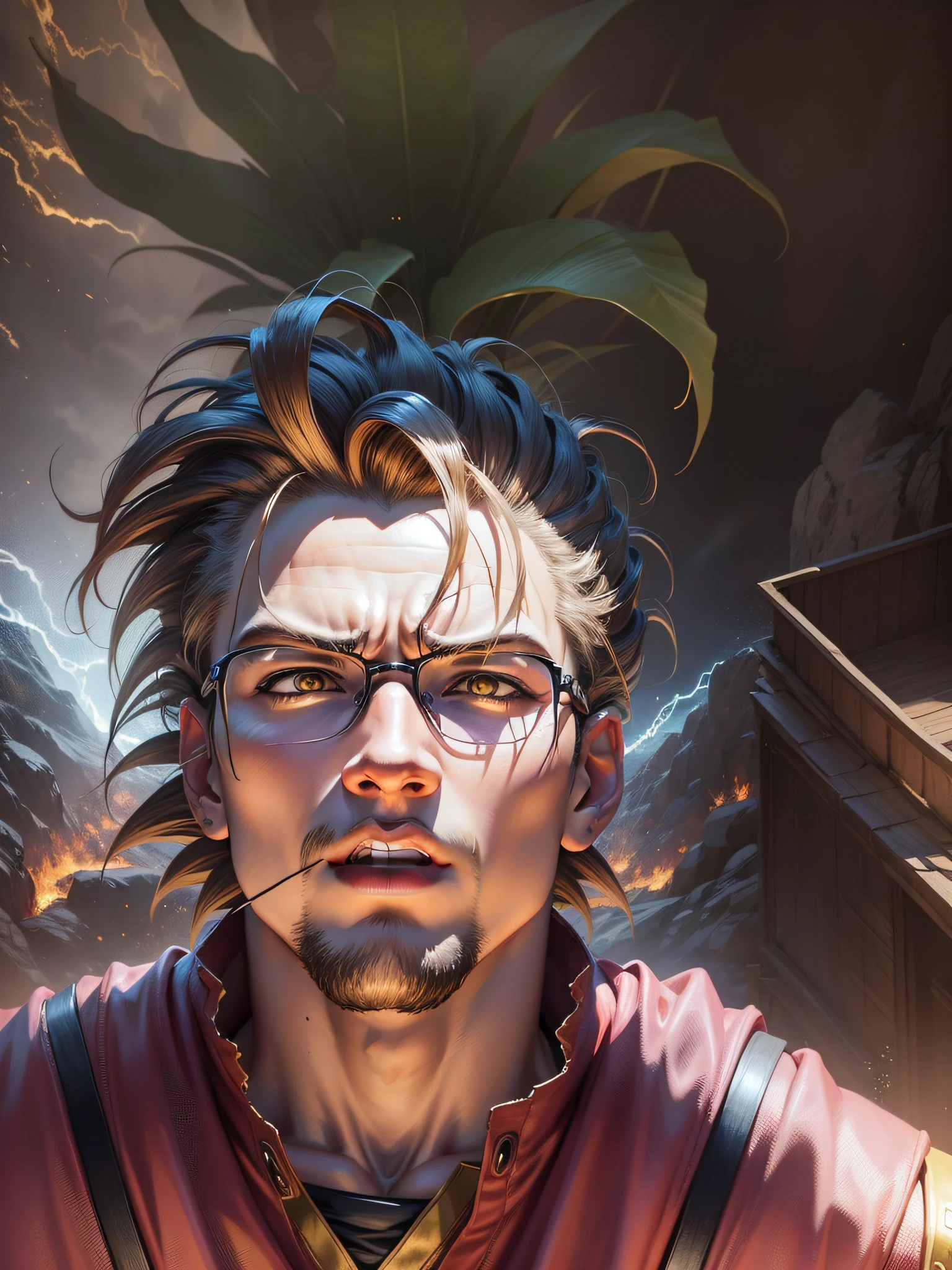 Create a Super Saiyan 4 using my face from this photo, manga style, realistic painting, make more realistic, high definition details, darker hair, golden dragon ball put on a glasses and darken the hair color --s4 --auto --s2