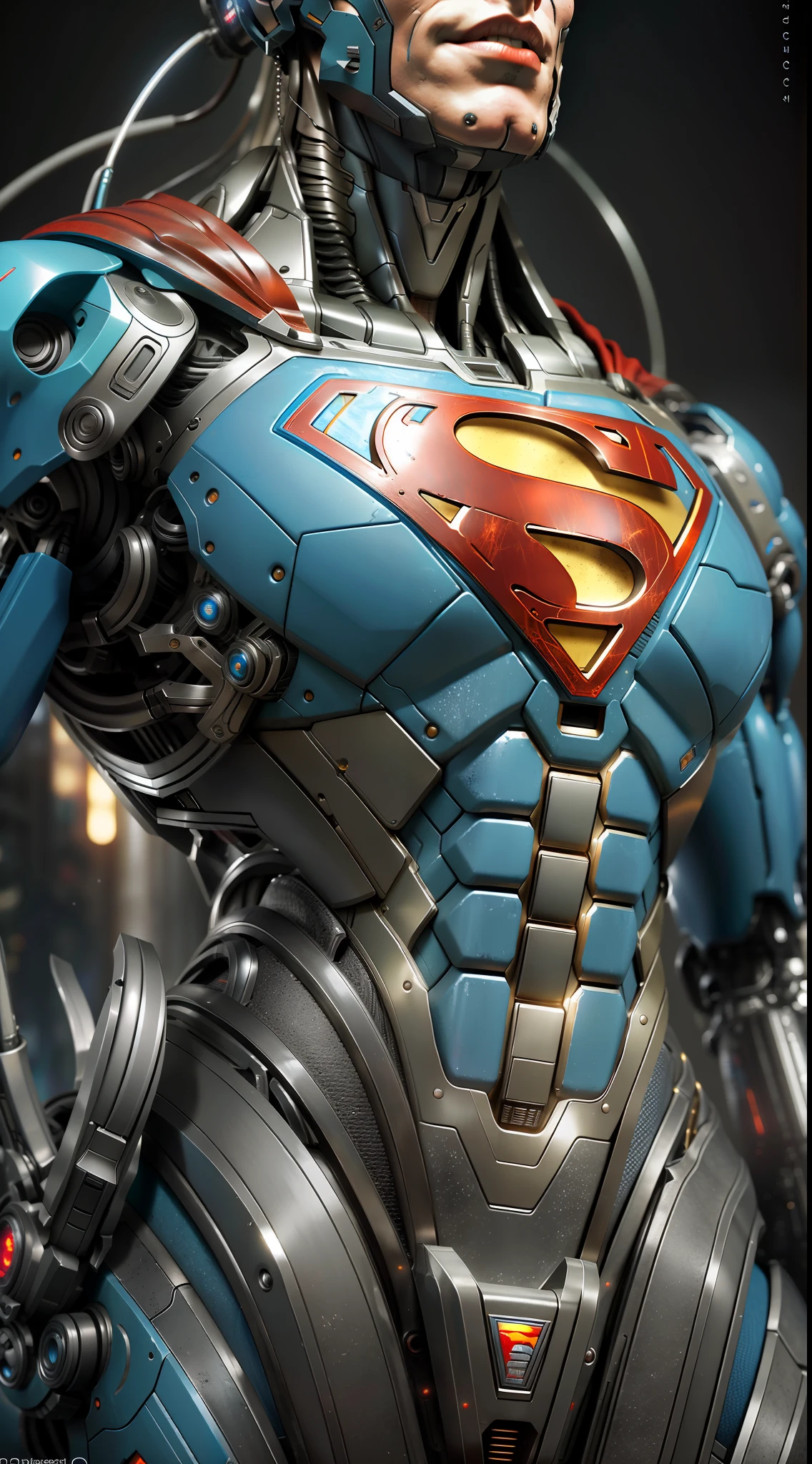 Superman from DC photography, biomechanical, complex robot, full-length, hyper-realistic, insane fine details, extremely clean lines, cyberpunk aesthetic, masterpiece featured at Zbrush Central