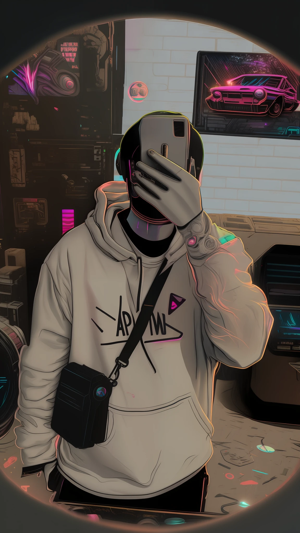 Me in a synthwave scenario, purple blue red pink, bright neon colors on a black background, ak47, money flying, bmw background, no face show