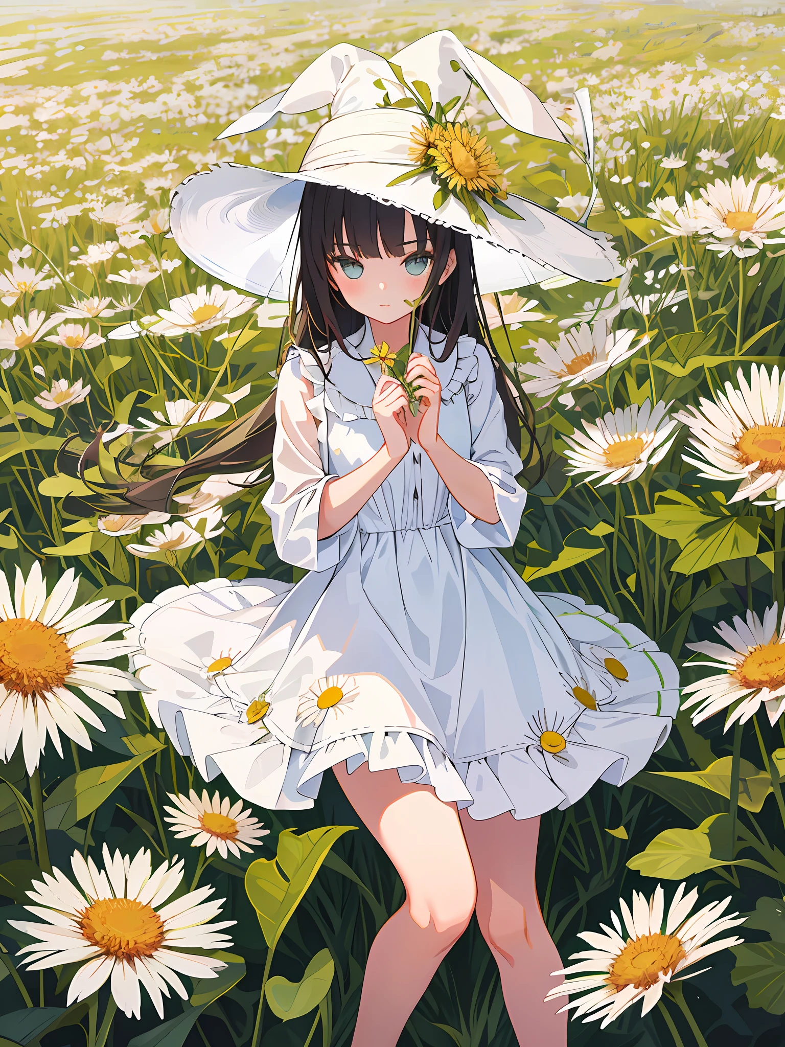 Masterpiece, best quality, girl in soft clothes, girl looking at dandelion flower fields without a future