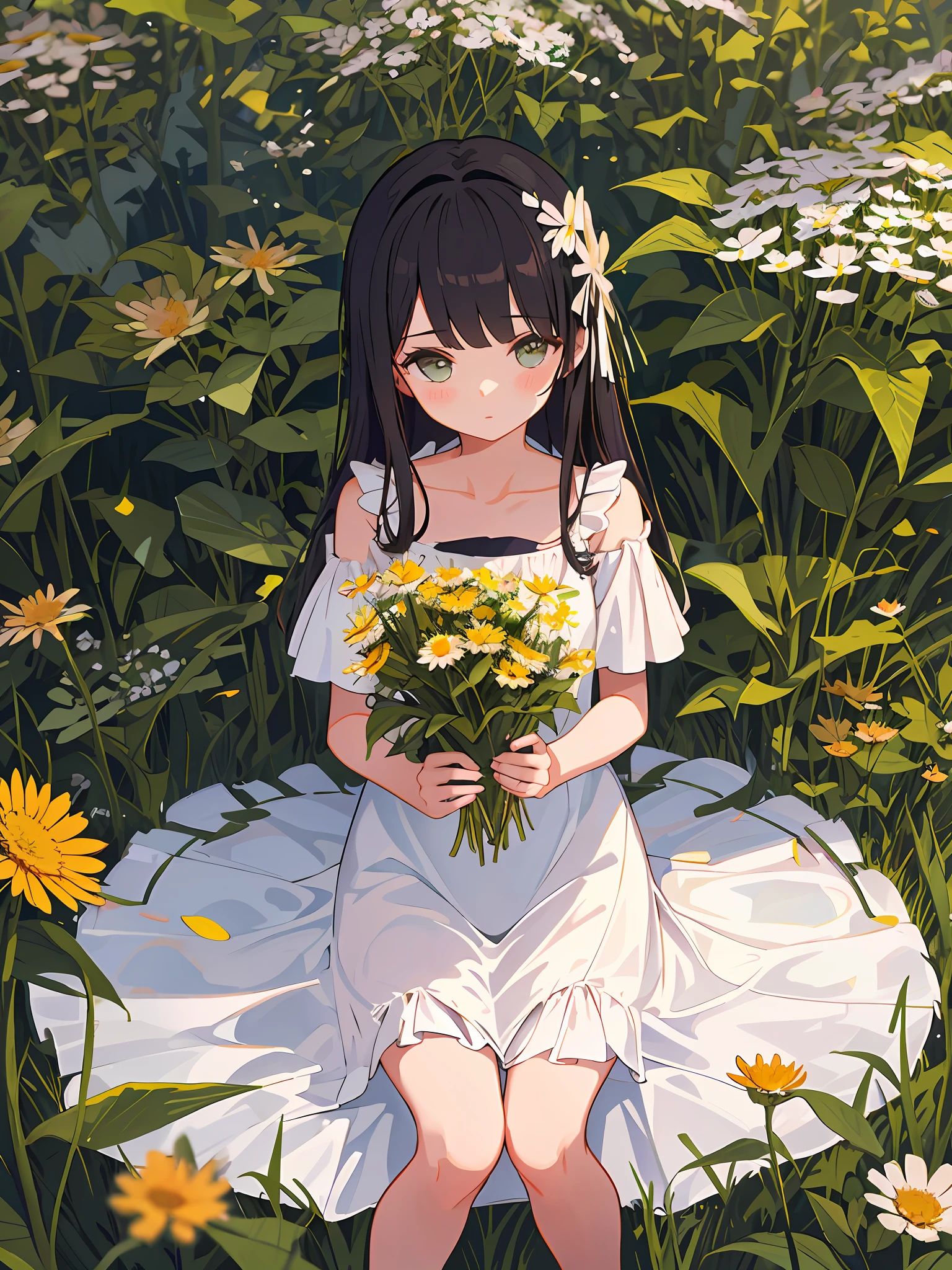 Masterpiece, best quality, girl in soft clothes, girl looking at dandelion flower fields without a future