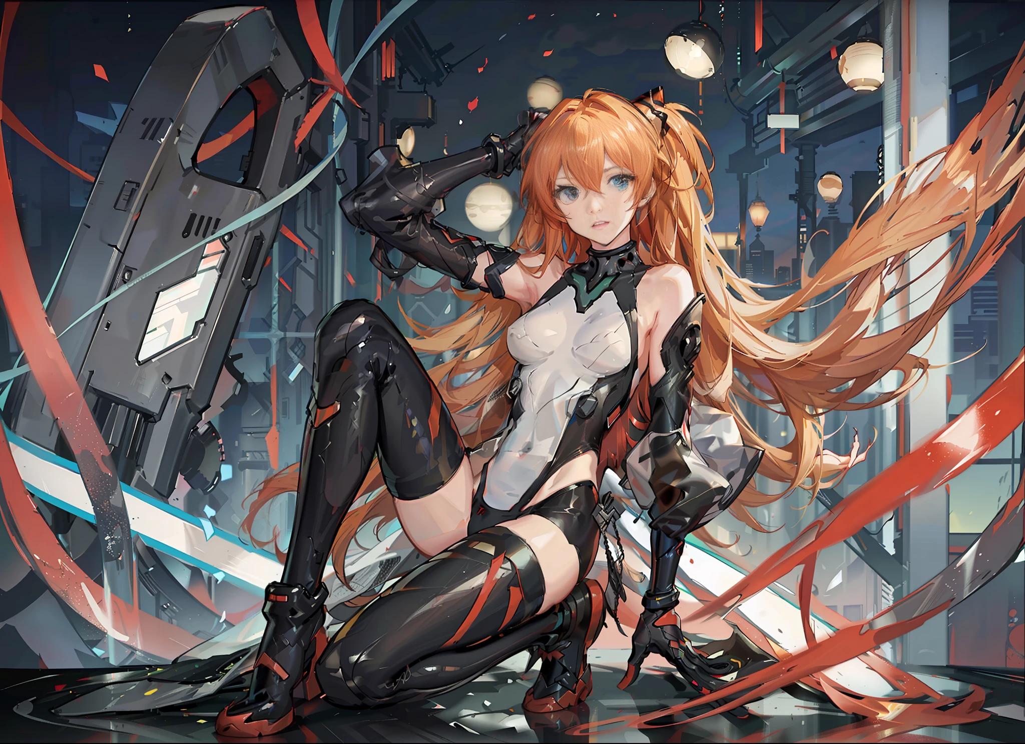 ((masterpiece,best quality, detailed)), full body, night, cityscape, souryuu asuka langley, interface headset, multicolored bodysuit, eyepatch