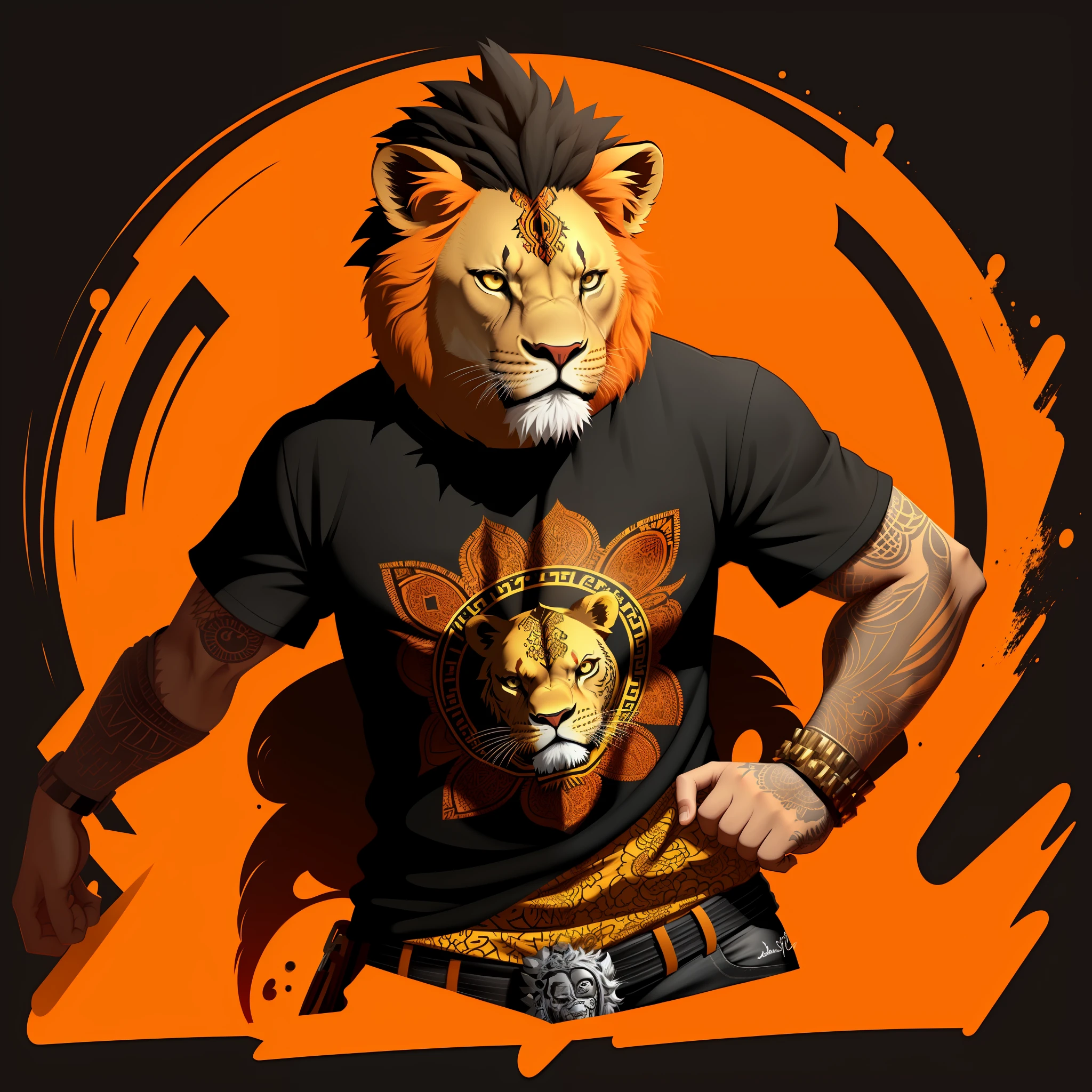Vector design for a tshirt on a black background. Design includes ::lion::, dressed in Moroccan, realistic, punkcore, bright colors, detailed design, pixar, colorful