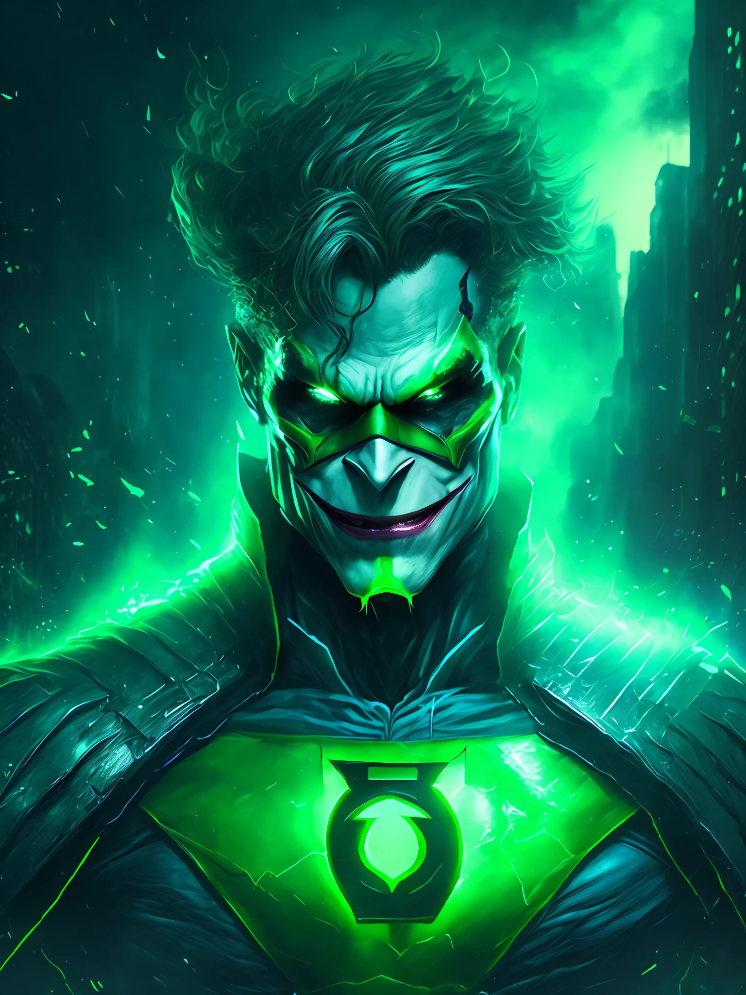 gloomy portrait of Green Lantern Joker from DC, extremely detailed, futuristic cityscape, nighttime, glowing neon lights, smoke, sparks, metal shavings, flying debris, blue energy effects, volumetric light