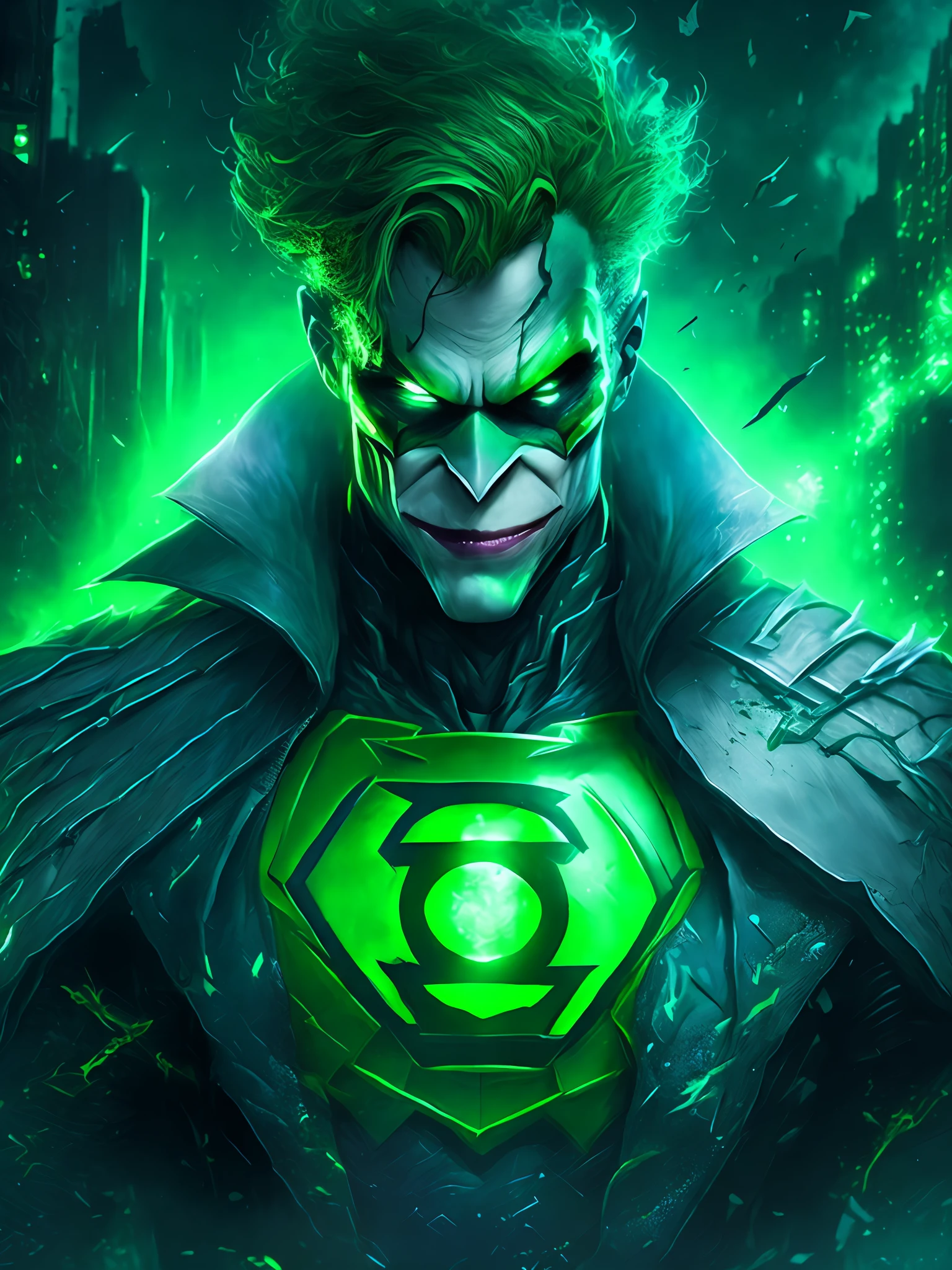 gloomy portrait of Green Lantern Joker from DC, extremely detailed, futuristic cityscape, nighttime, glowing neon lights, smoke, sparks, metal shavings, flying debris, blue energy effects, volumetric light