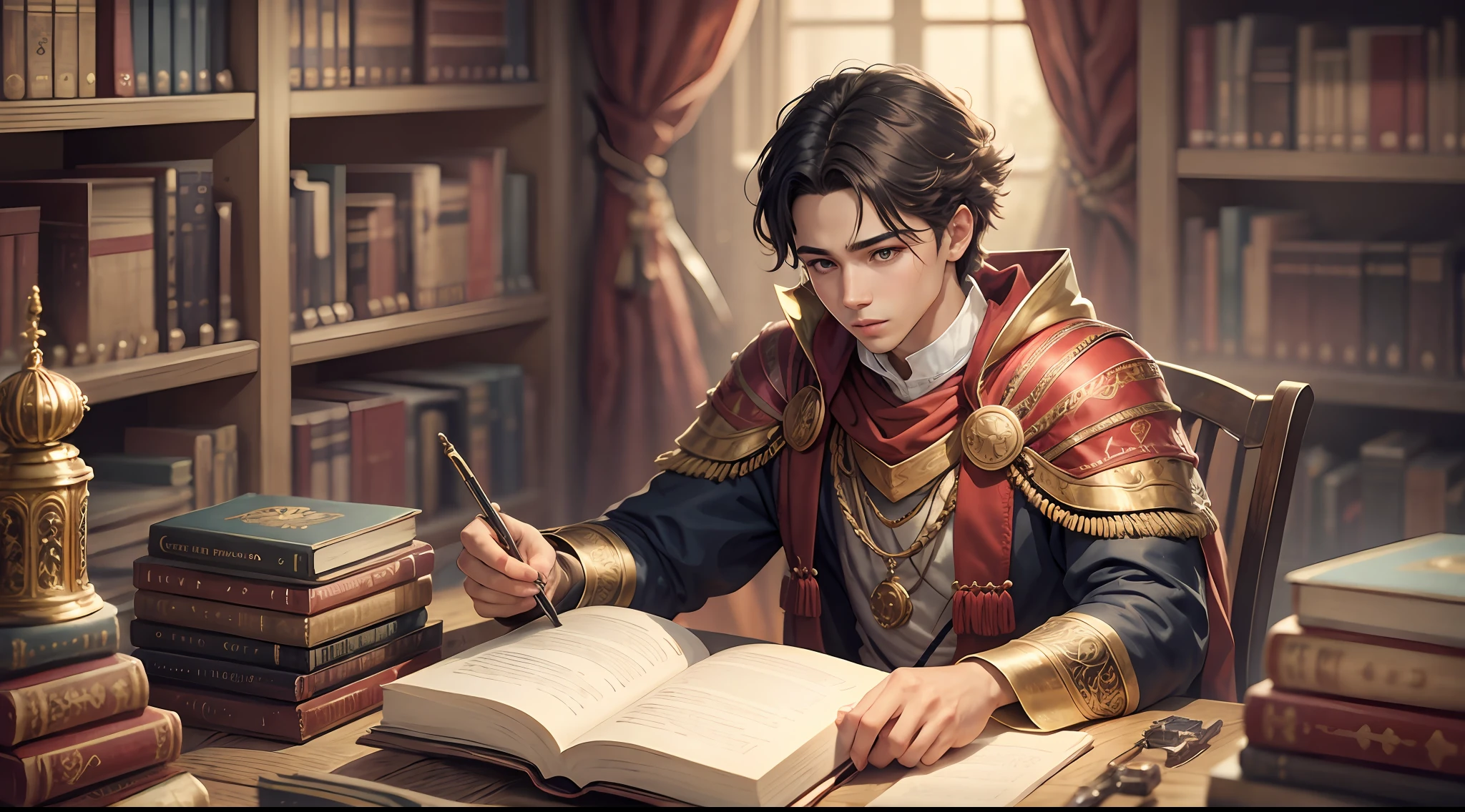 A young King, surrounded by books. --auto --s2