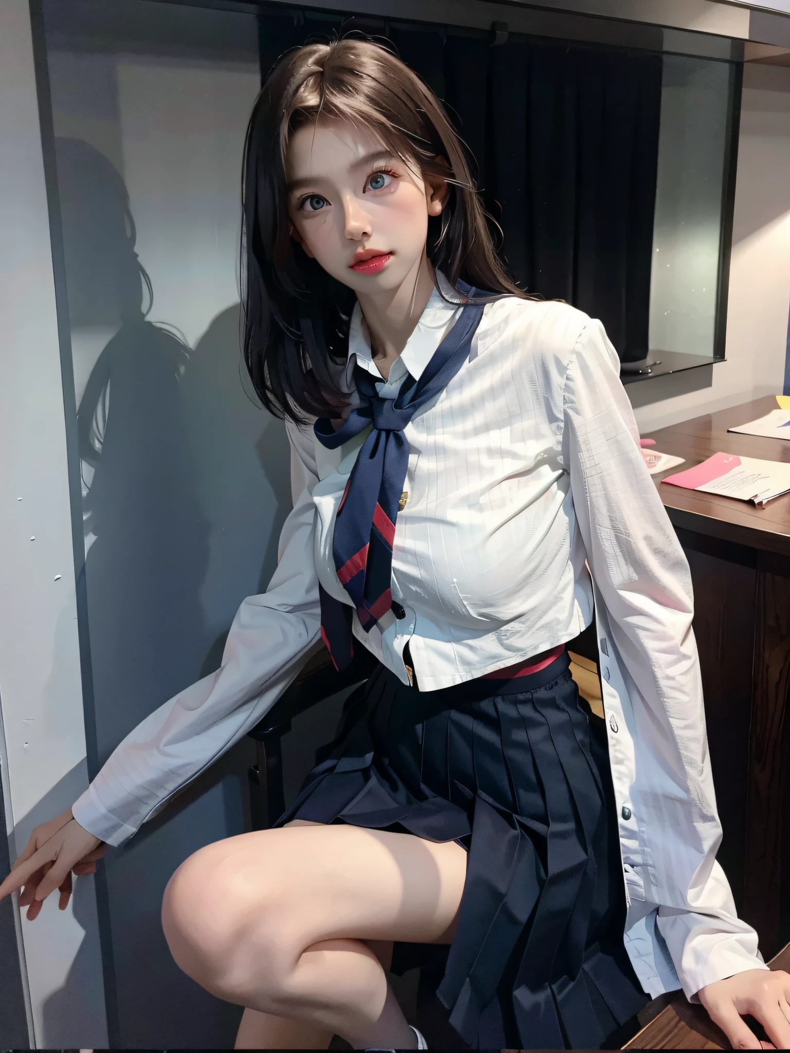 best quality, (photorealistic:1.2), 1girl, solo, best quality, ultra high res, (photorealistic:1.4), 1girl,solo, full lips, a sultry gaze, school uniform, A sexy student might possess a confident and alluring demeanor, showing a sense of self-assurance and charisma that draws people towards them.She has a toned and fit physique, and carry themselves with poise and grace. Her clothing and style might be fashionable and tasteful, accentuating their best features while maintaining a sense of class and elegance, very_long_hair, full body, medium breasts,  long_legs, pleated skirt, (pantyhose:0.8).