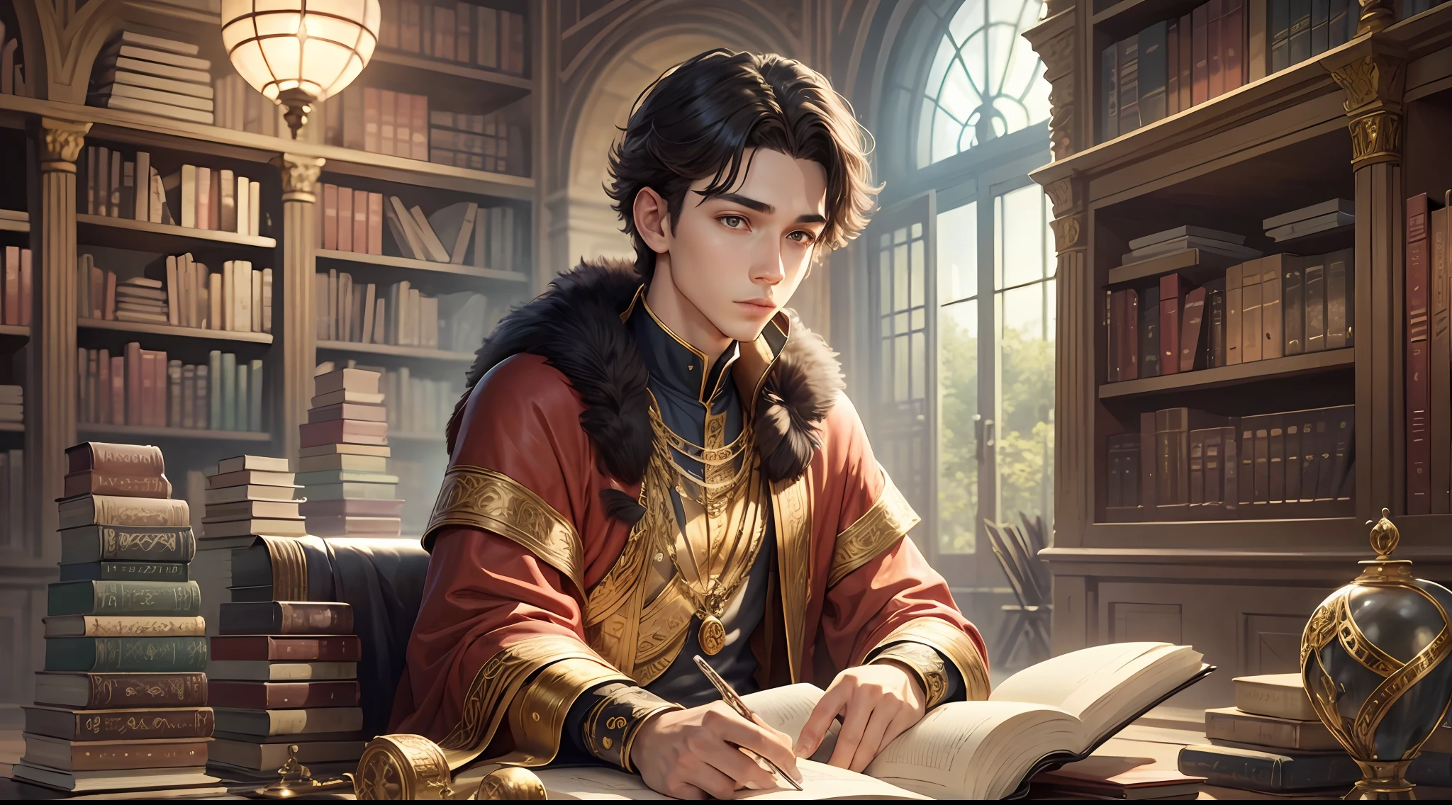 A young King, surrounded by books. --auto --s2