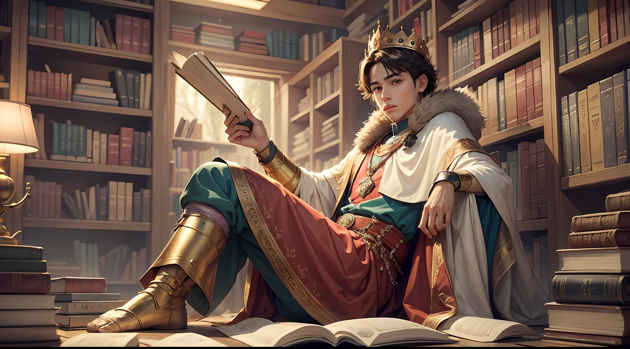 A young King, surrounded by books. --auto --s2