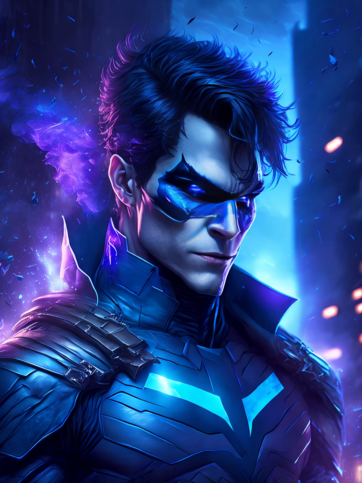 gloomy portrait of Nightwing Joker from DC, extremely detailed, futuristic cityscape, nighttime, glowing neon lights, smoke, sparks, metal shavings, flying debris, blue energy effects, volumetric light
