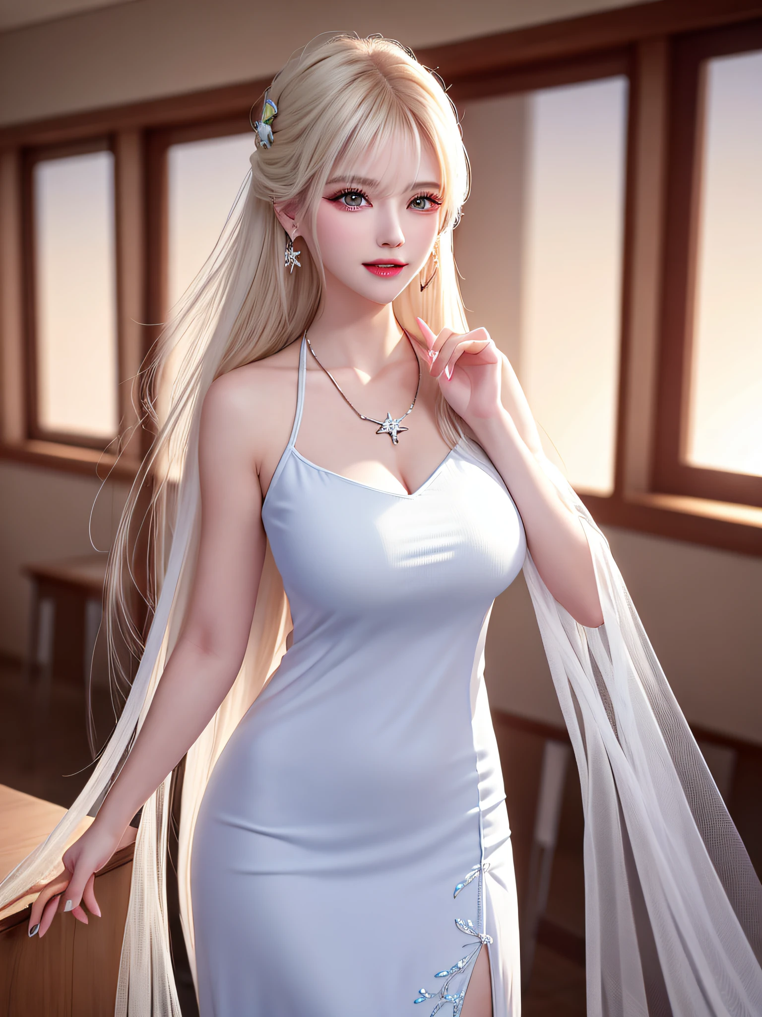 Female teacher standing in the classroom v6, necklace, earrings, full body v6, long white hair, translucent clothes, visible, superb, ultra-high-definition, RAW photo, realism: 1.25), (bright lip gloss, long eyelashes, smooth face, light skin, natural shadows, wide light, wide light, depth of field, strong colors, subtle caustics: 0.8), smile, (big tits), v6