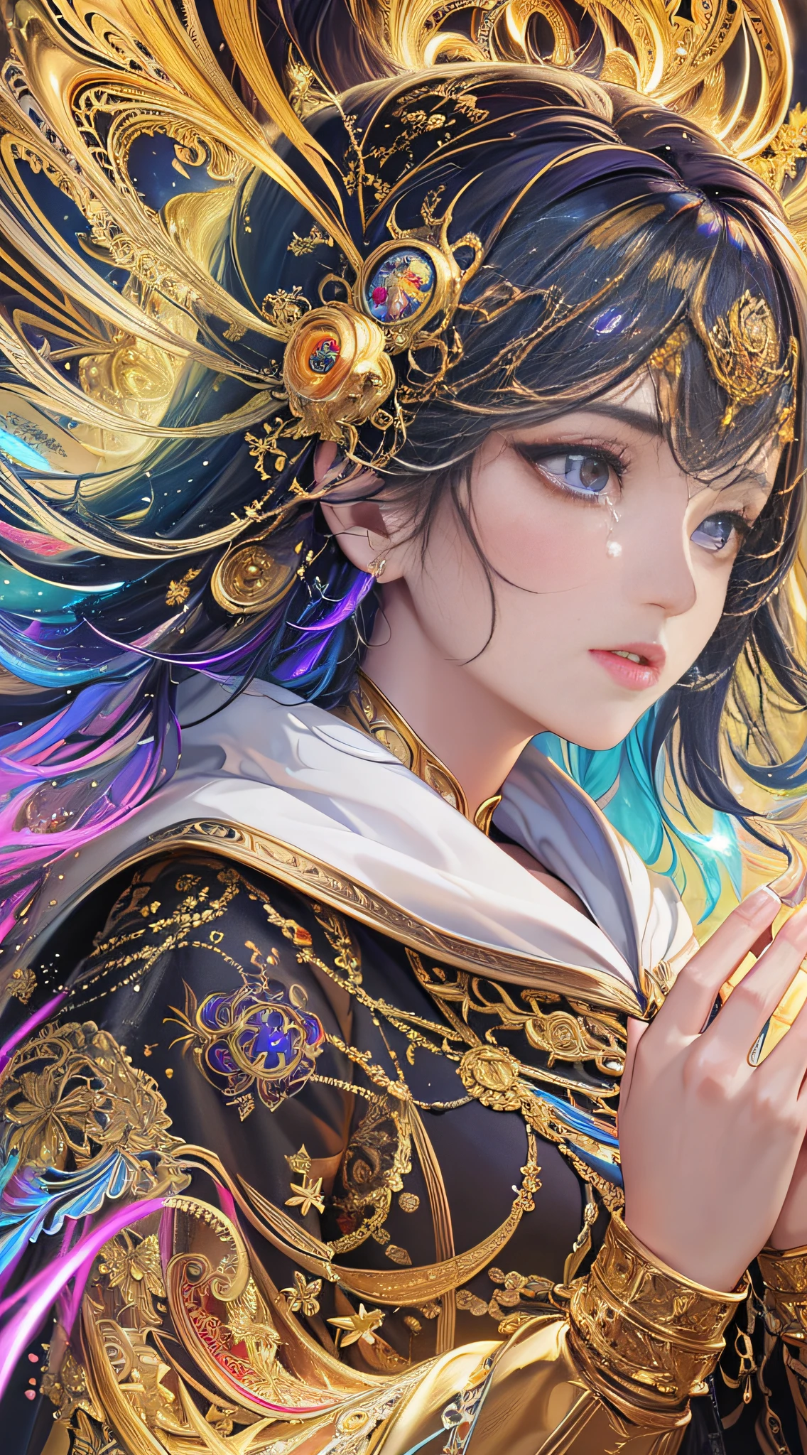 (masterpiece, top quality, best quality, official art, beautiful and aesthetic:1.2), (1girl), extreme detailed, (fractal art:1.3), colorful, highest detailed, perfect face, upper body, HDR, (praying:1.3), (white cloak golden lines:1.2), galaxy, (light streaks), striking visuals, (dynamic streaks, luminous trails:1.2), vibrant colors,