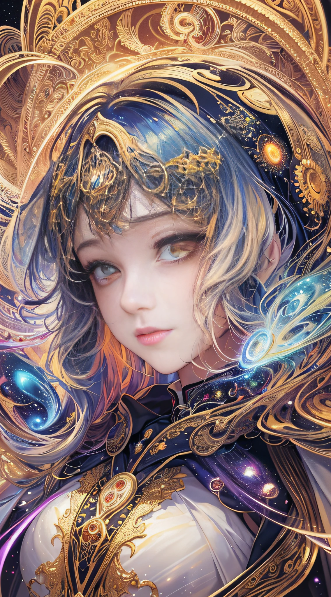 (masterpiece, top quality, best quality, official art, beautiful and aesthetic:1.2), (1girl), extreme detailed, (fractal art:1.3), colorful, highest detailed, perfect face, upper body, HDR, (praying:1.3), (white cloak golden lines:1.2), galaxy, (light streaks), striking visuals, (dynamic streaks, luminous trails:1.2), vibrant colors,