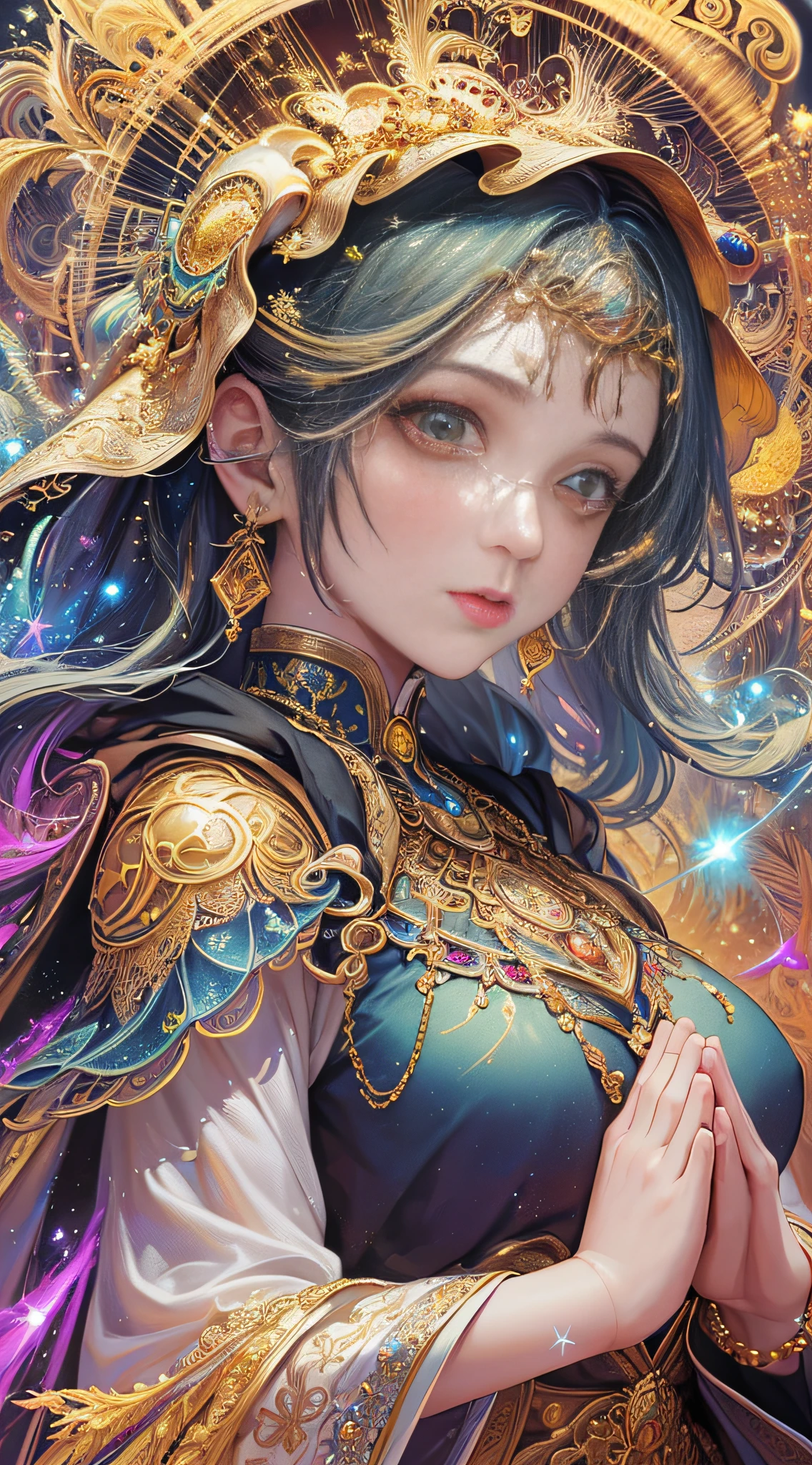 (masterpiece, top quality, best quality, official art, beautiful and aesthetic:1.2), (1girl), extreme detailed, (fractal art:1.3), colorful, highest detailed, perfect face, upper body, HDR, (praying:1.3), (white cloak golden lines:1.2), galaxy, (light streaks), striking visuals, (dynamic streaks, luminous trails:1.2), vibrant colors,