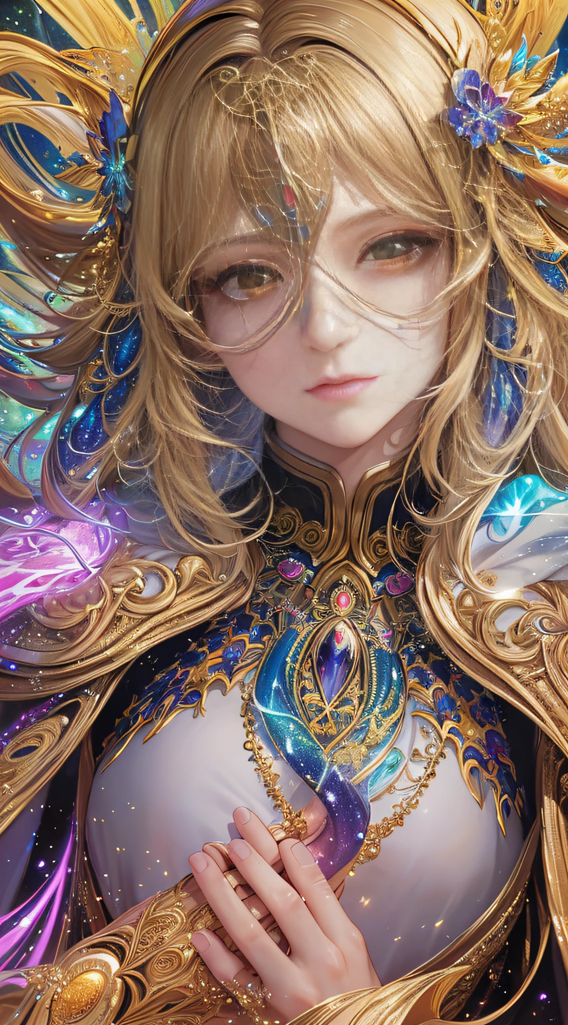 (masterpiece, top quality, best quality, official art, beautiful and aesthetic:1.2), (1girl), extreme detailed, (fractal art:1.3), colorful, highest detailed, perfect face, upper body, HDR, (praying:1.3), (white cloak golden lines:1.2), galaxy, (light streaks), striking visuals, (dynamic streaks, luminous trails:1.2), vibrant colors,