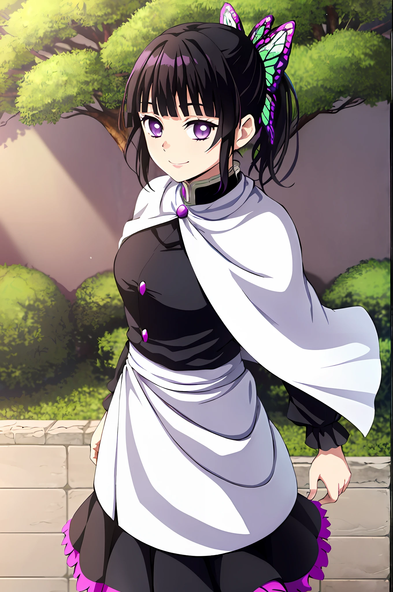 kimetsu no yaiba style, 1girl, butterfly hair ornament, hair ornament, butterfly, demon slayer uniform, solo, purple eyes, side ponytail, smile, black hair, white cape, cape, outdoors, bangs, tree, fence, anime coloring, ((masterpiece)), black uniform, black skirt, face at viewer, look at viewer,