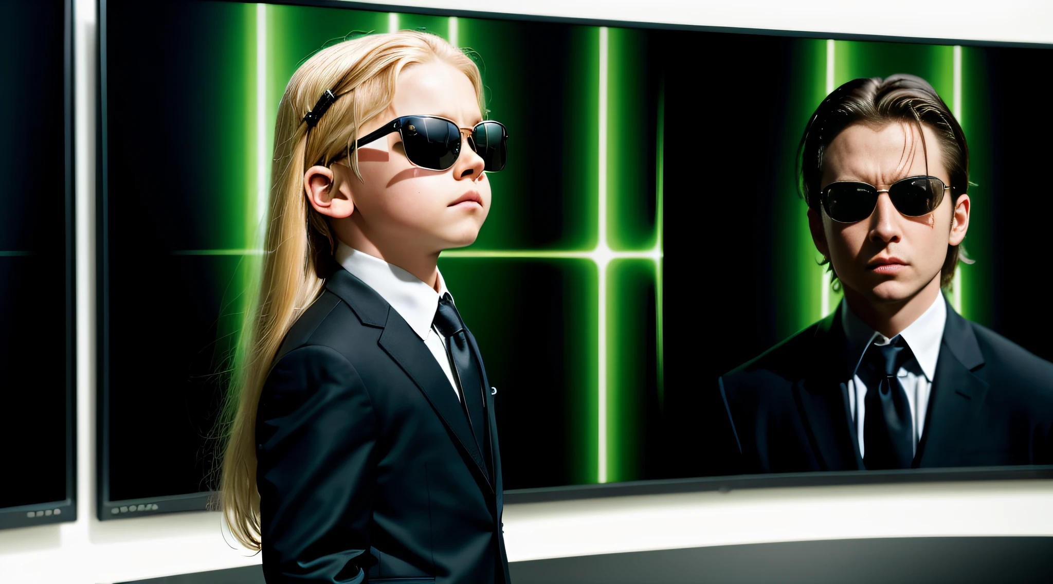 A closeup of a toddler boy with long blonde hair, in a suit and sunglasses in front of a wall of televisions, in the new Matrix movie, Matrix Movie Color grading.