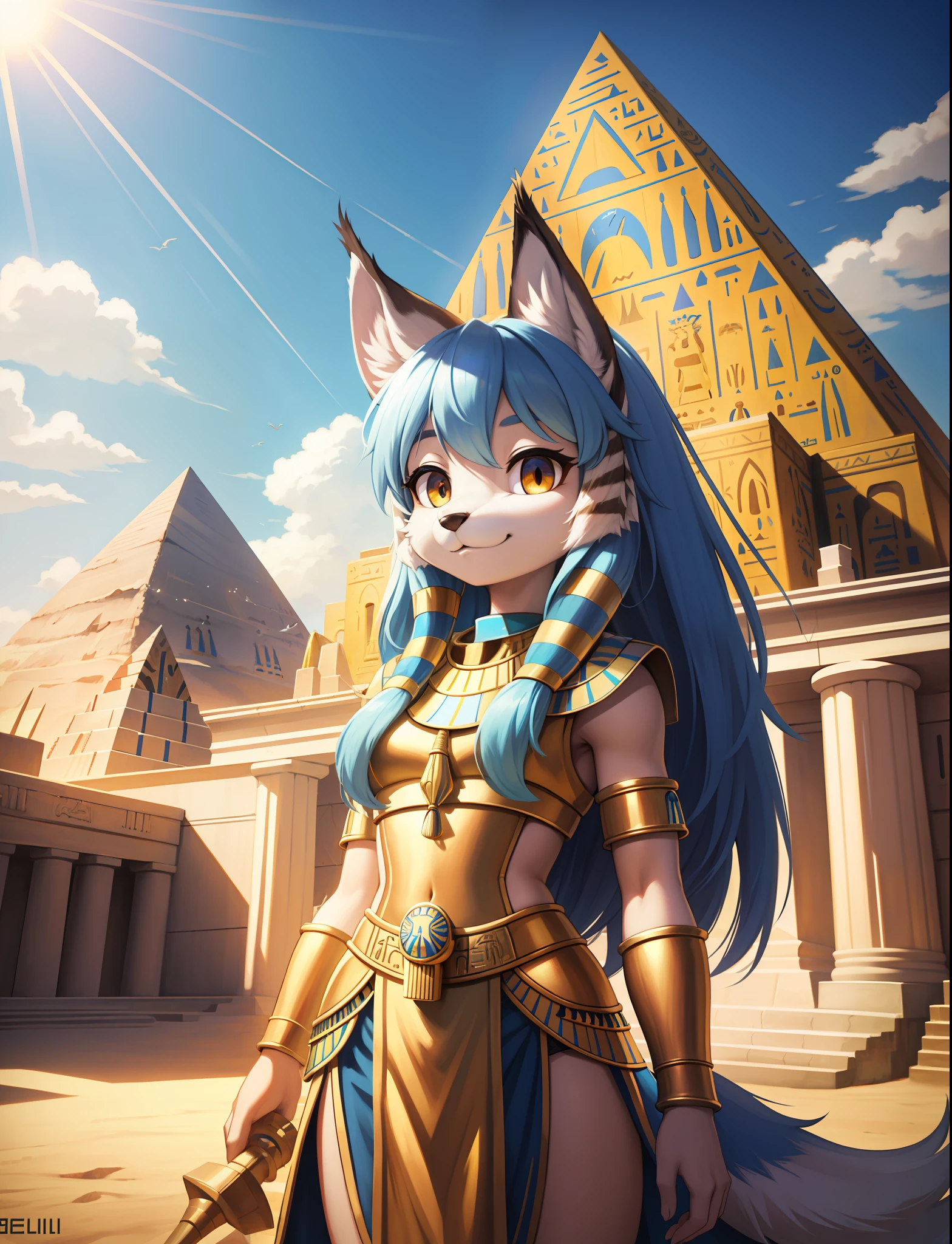 masterpiece, best quality,furry girl,outdoor,hdr,blue sky,sunlight, pyramind perfect light,animal nose,solo,detail fur,epic movie concept adorable,egyptian clothes, looking at viewer,sheli,lynx