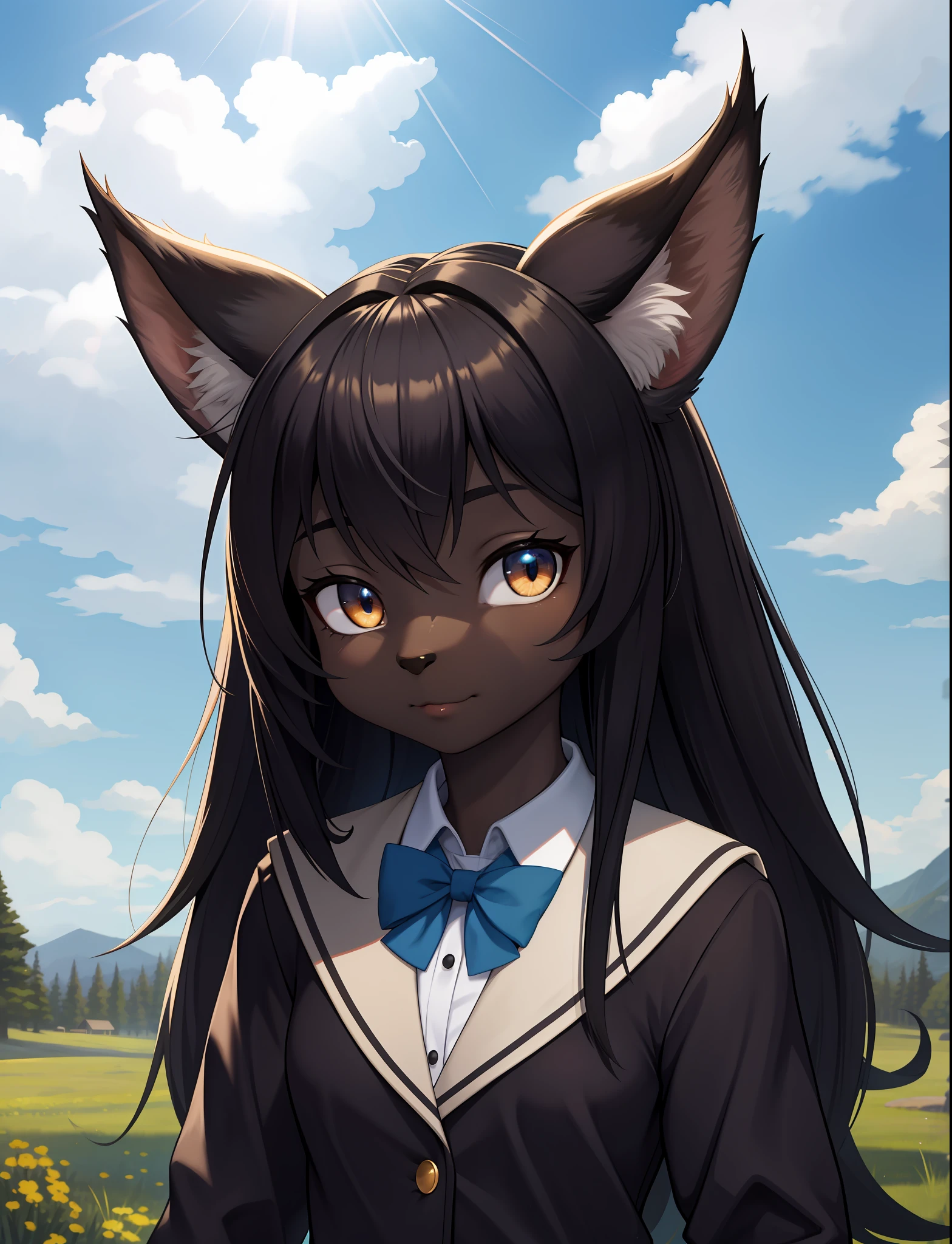 masterpiece, best quality,furry girl,outdoor,hdr,blue sky,sunlight, perfect light,dark skin,animal nose,solo,detail fur,epic movie concept adorable,black school uniform, looking at viewer,sheli,lynx,drama