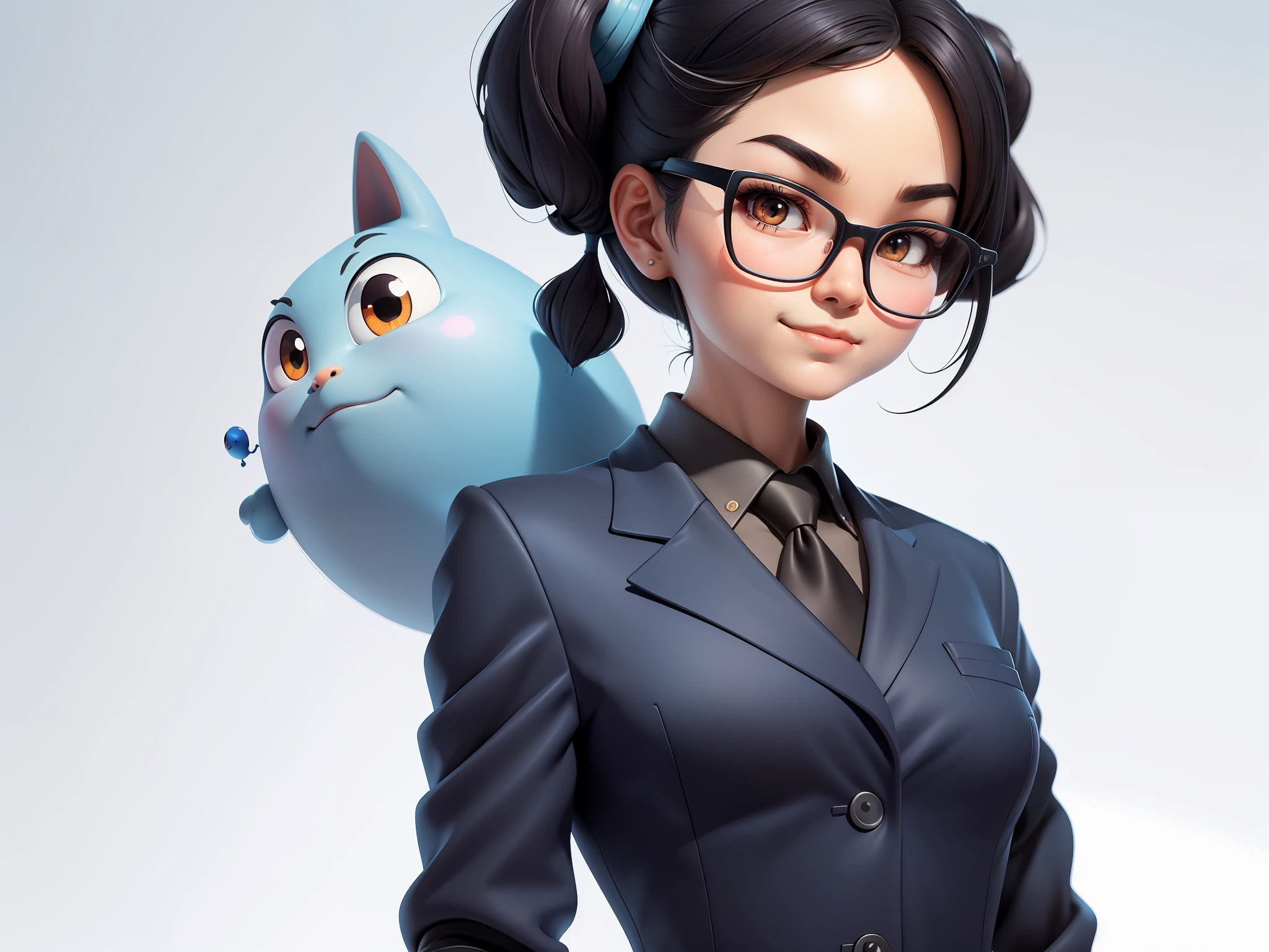 (Masterpiece), (Excellent), (Super Meticulous), (Full Body: 1.2), Super Young Woman, Beautiful, Sexy, Bursting, Oriental Face, TV Anchor, Bust Portrait Illustration, Alone, Black Suit, Blue Tie, Silver Glasses, Slightly Chubby Face, Very Clean Face, No Beard, Black Super Short Hair, Black Eyes, Confident Smile, 3c Computer Sub-Products, iPad, iPhone, Digital Painting, 3D Character Design by Mark Claireldon and Pixar and Hayao Miyazaki, The illustration is a high-definition illustration in 4K resolution with very detailed facial features and cartoon-style visuals.