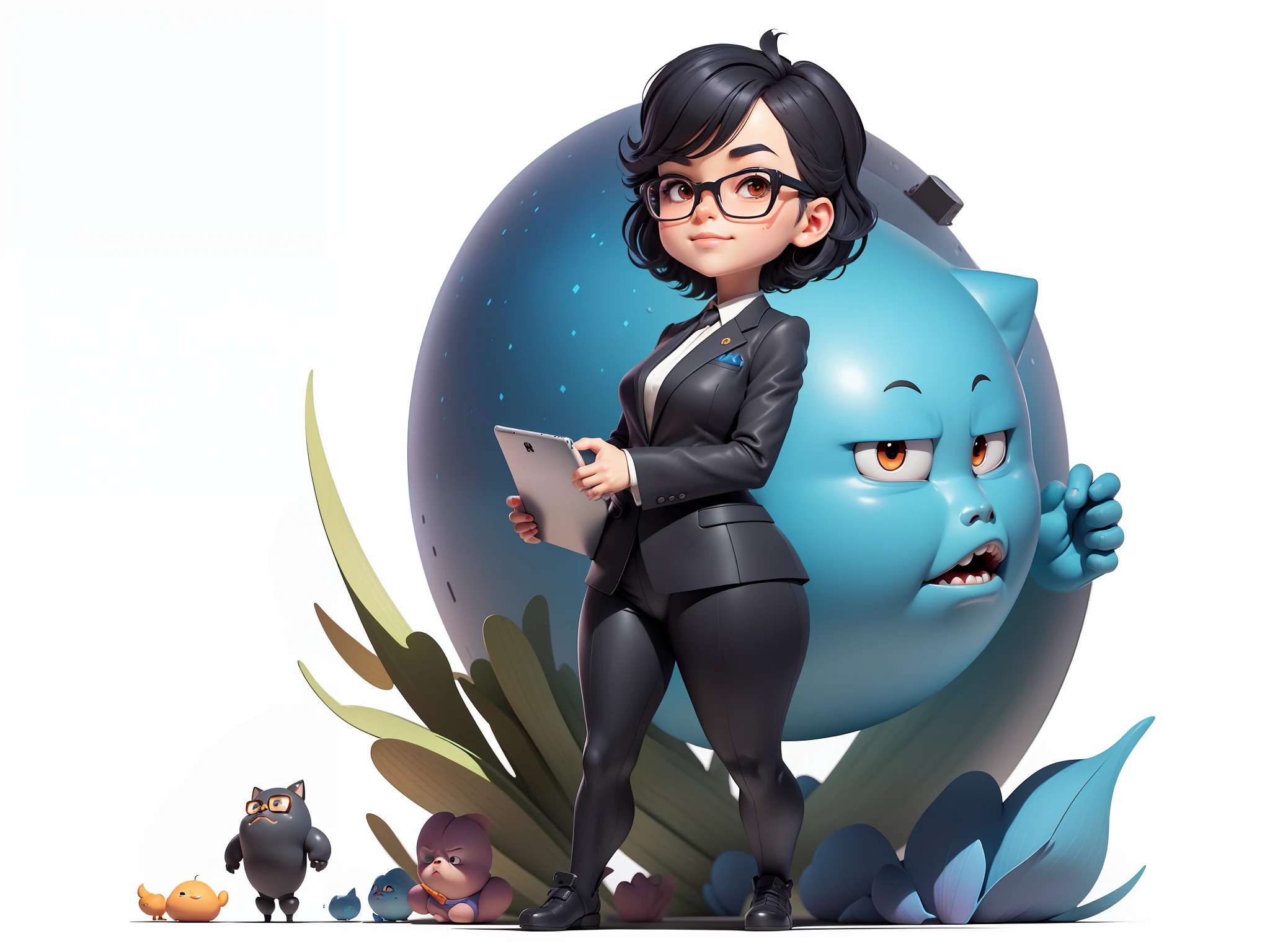 (Masterpiece), (Excellent), (Super Meticulous), (Full Body: 1.2), Super Young Woman, Beautiful, Sexy, Bursting, Oriental Face, TV Anchor, Bust Portrait Illustration, Alone, Black Suit, Blue Tie, Silver Glasses, Slightly Chubby Face, Very Clean Face, No Beard, Black Super Short Hair, Black Eyes, Confident Smile, 3c Computer Sub-Products, iPad, iPhone, Digital Painting, 3D Character Design by Mark Claireldon and Pixar and Hayao Miyazaki, The illustration is a high-definition illustration in 4K resolution with very detailed facial features and cartoon-style visuals.