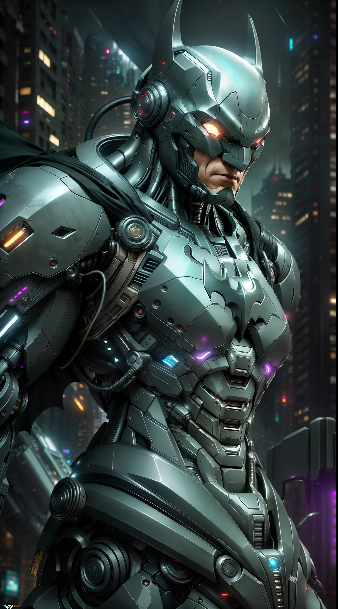 Batman from DC photography, biomechanical, complex robot, full growth, hyper-realistic, insane small details, extremely clean lines, cyberpunk aesthetic, masterpiece featured on Zbrush Central