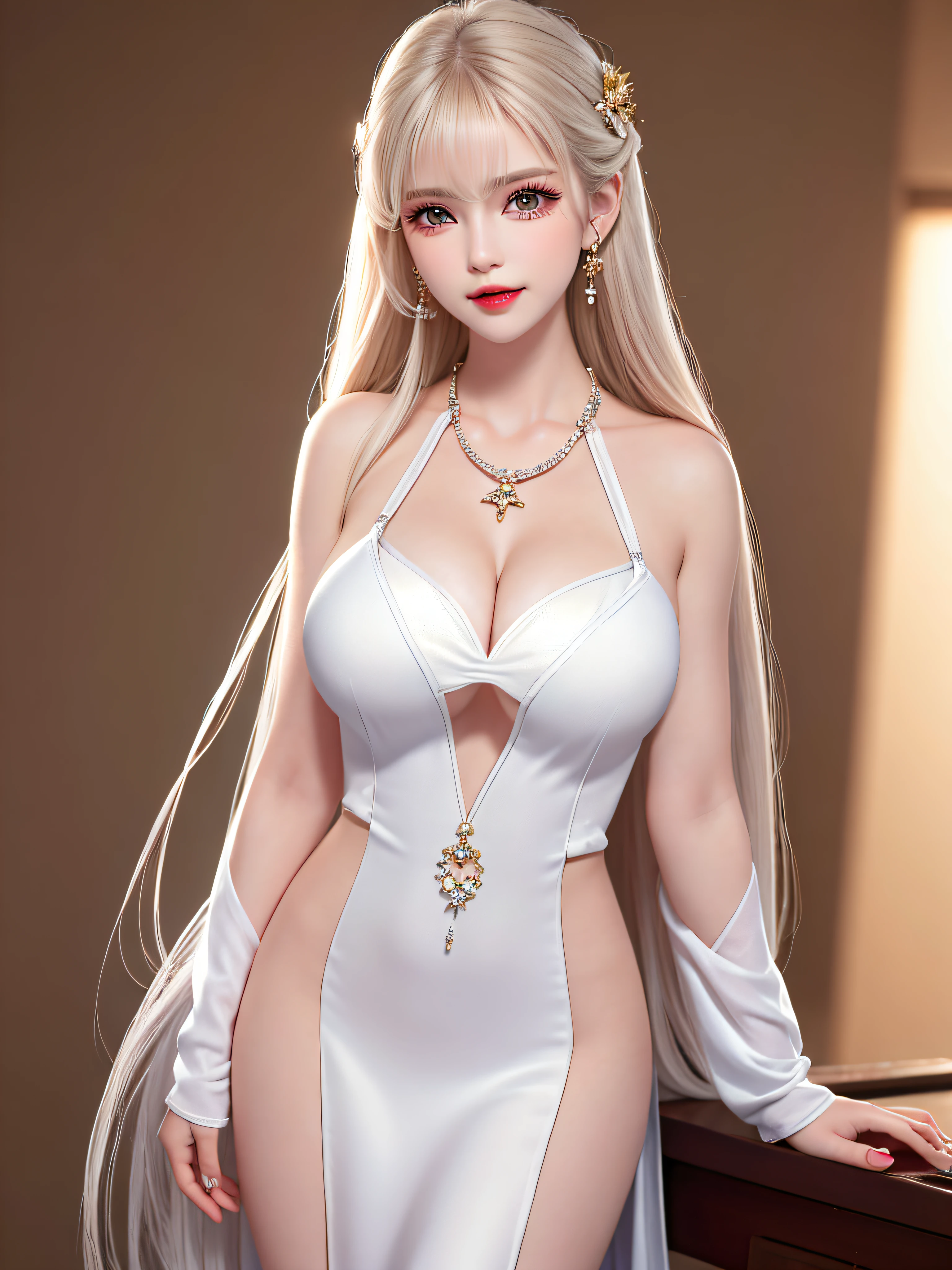 Female teacher standing in the classroom v6, necklace, earrings, full body v6, long white hair, translucent clothes, visible, superb, ultra-high-definition, RAW photo, realism: 1.25), (bright lip gloss, long eyelashes, smooth face, light skin, natural shadows, wide light, wide light, depth of field, strong colors, subtle caustics: 0.8), smile, (big tits), v6