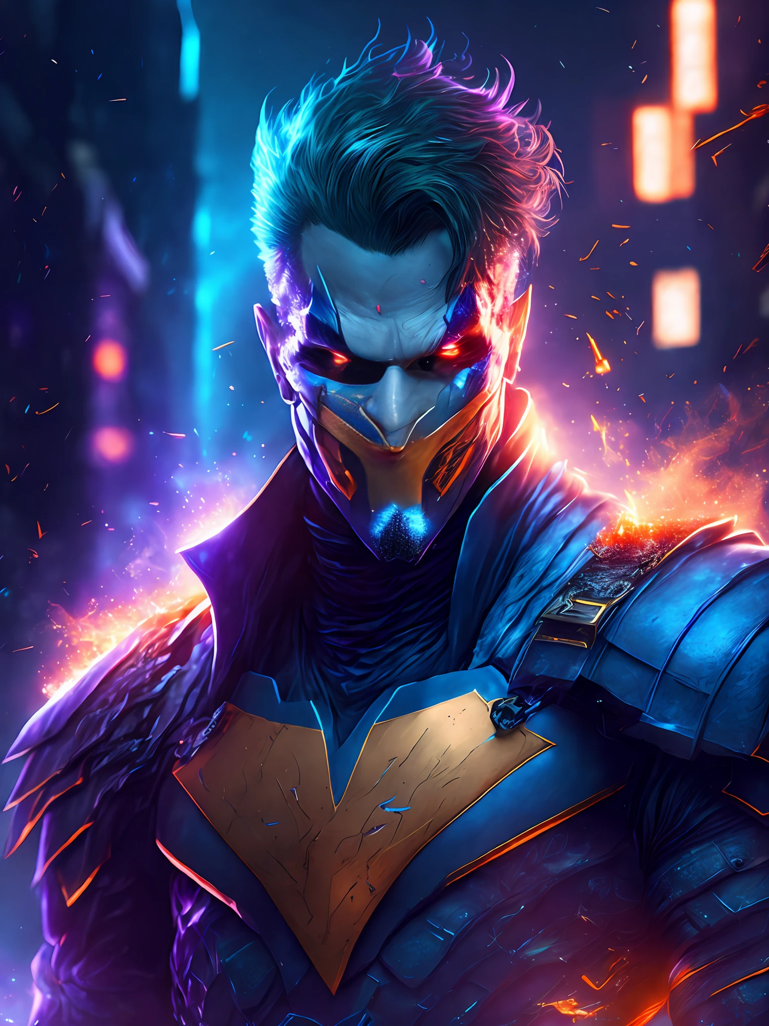 gloomy portrait of Deathstroke Joker from DC, extremely detailed, futuristic cityscape, nighttime, glowing neon lights, smoke, sparks, metal shavings, flying debris, blue energy effects, volumetric light