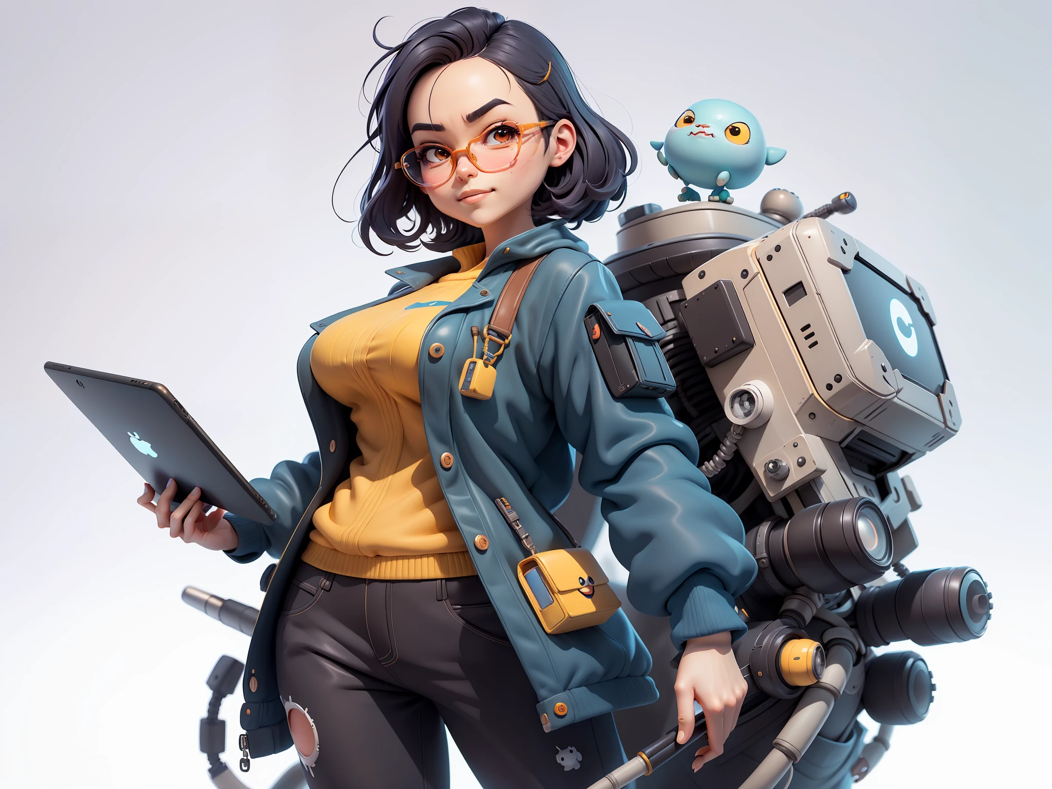 (Masterpiece), (Excellent), (Super Meticulous), (Full Body: 1.2), Super Young Woman, Beautiful, Sexy, Bursting, Oriental Face, TV Anchor, Bust Portrait Illustration, Alone, Black Suit, Blue Tie, Silver Glasses, Slightly Chubby Face, Very Clean Face, No Beard, Black Super Short Hair, Black Eyes, Confident Smile, 3c Computer Sub-Products, iPad, iPhone, Digital Painting, 3D Character Design by Mark Claireldon and Pixar and Hayao Miyazaki, The illustration is a high-definition illustration in 4K resolution with very detailed facial features and cartoon-style visuals.