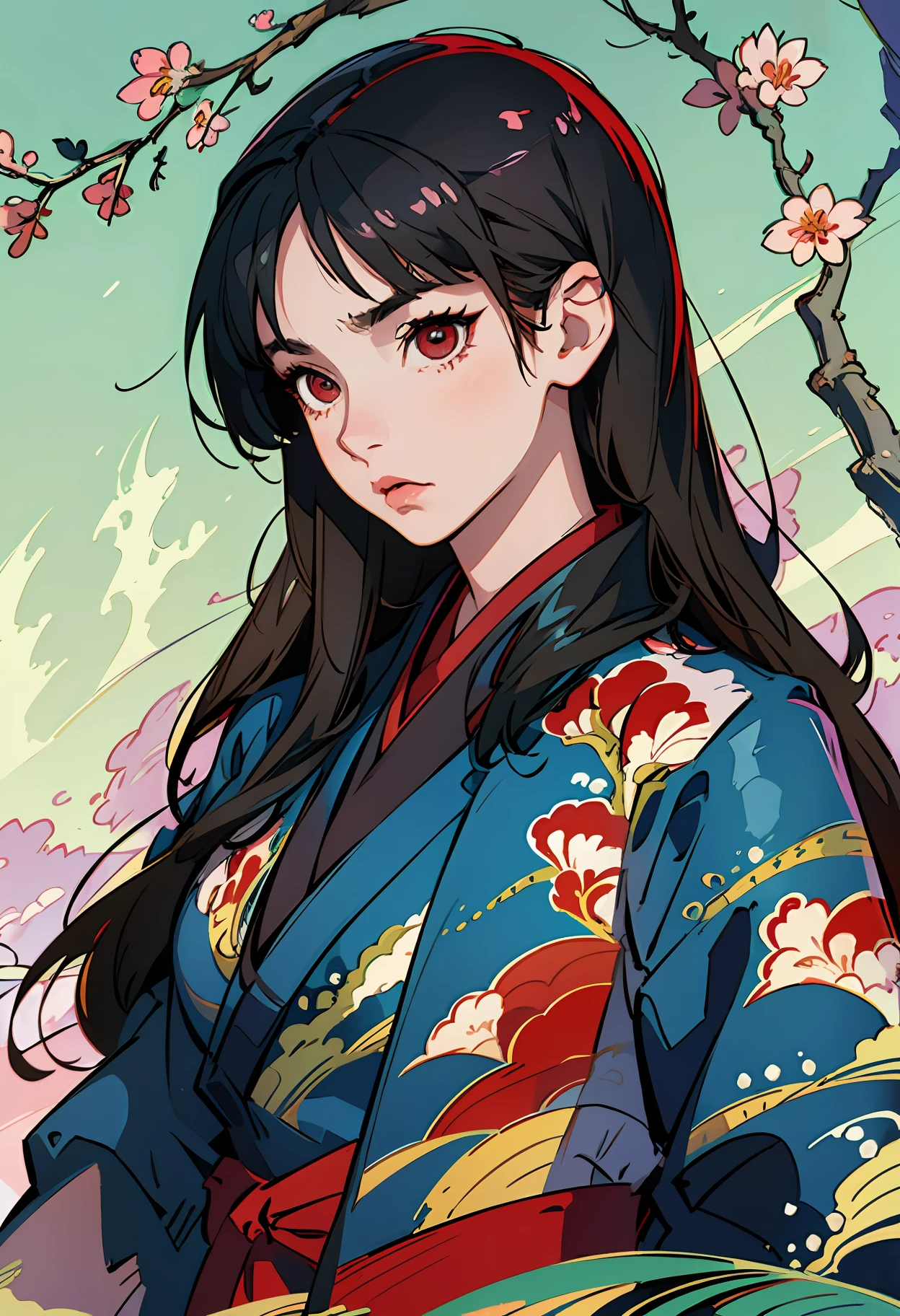 anime style boy,long black hair goosebumps and messy,boredom face,art,artwork,high resolution,wallpaper,red eyes,artistic background with cherry blossoms,kimono with lacoste print --auto --s2