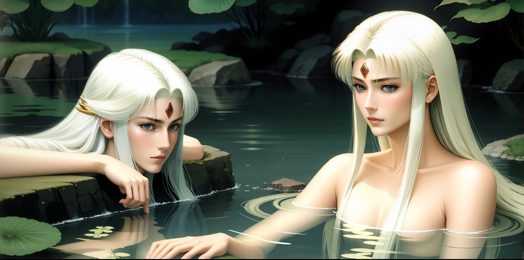 Sesshoumaru bathing in a lake