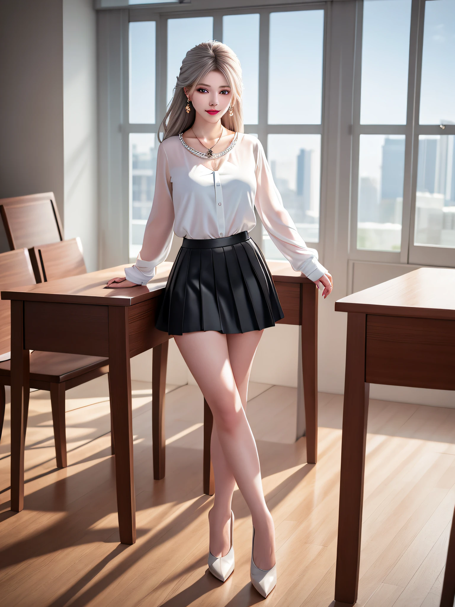 Female teacher crossing legs on classroom chair v6, necklace, earrings, full body v6, long gray hair, translucent clothes, visible, superb, ultra high definition, RAW photo, realism 1.25), (bright lip gloss, long eyelashes, smooth) face, bright skin, natural shadows, wide light, wide light, depth of field, strong color, subtle caustics: 0.8), smile, (big), v6, ( White sheer blouse, black tight skirt))