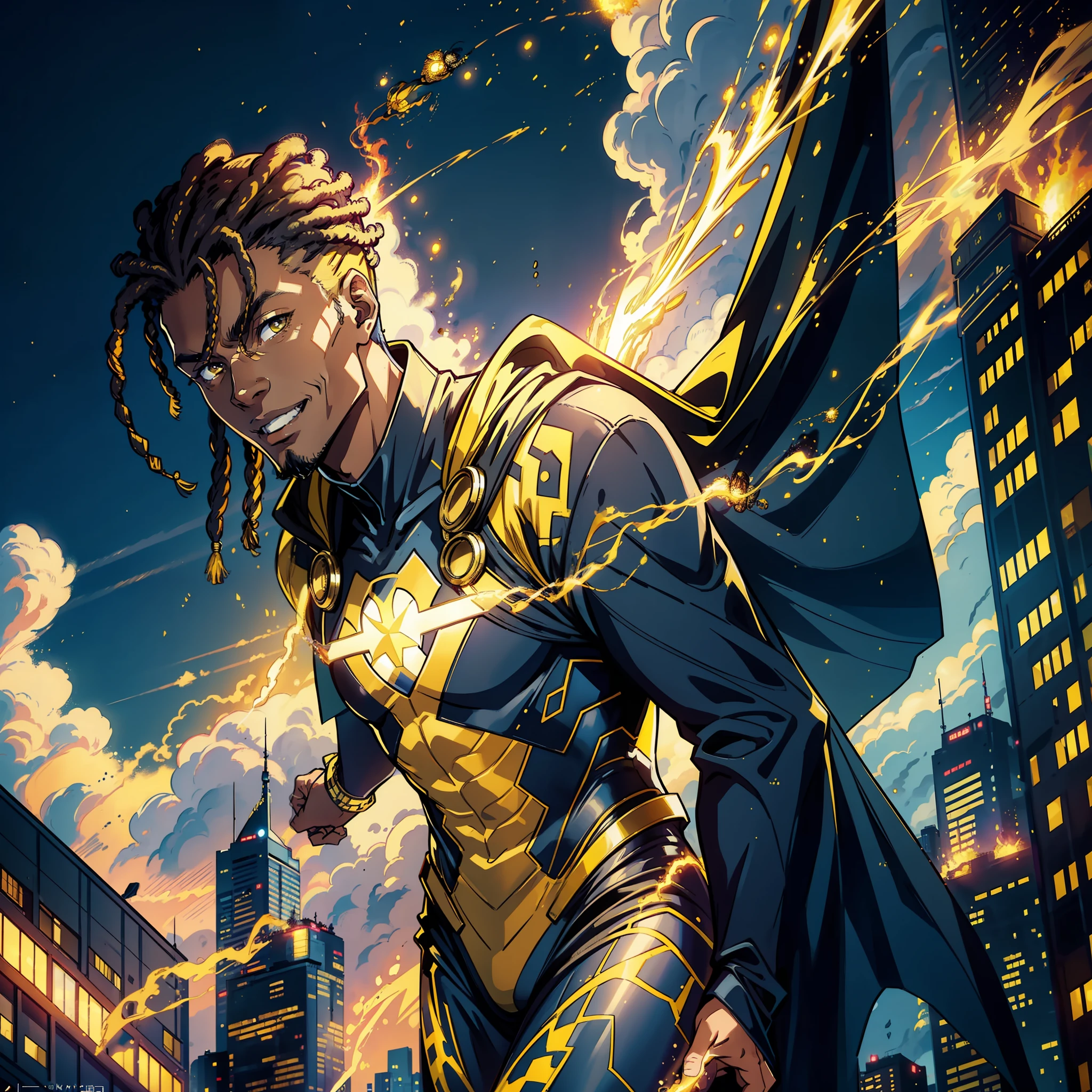 ((realistic: 1.5)),((best quality)), ((masterpiece)),((detailed)), tall man, black man, dreadlock, superhero outfit, yellow cape, yellow energy around, body on yellow fire, black suit, humble smile, flying over the city, blue sky, white clouds