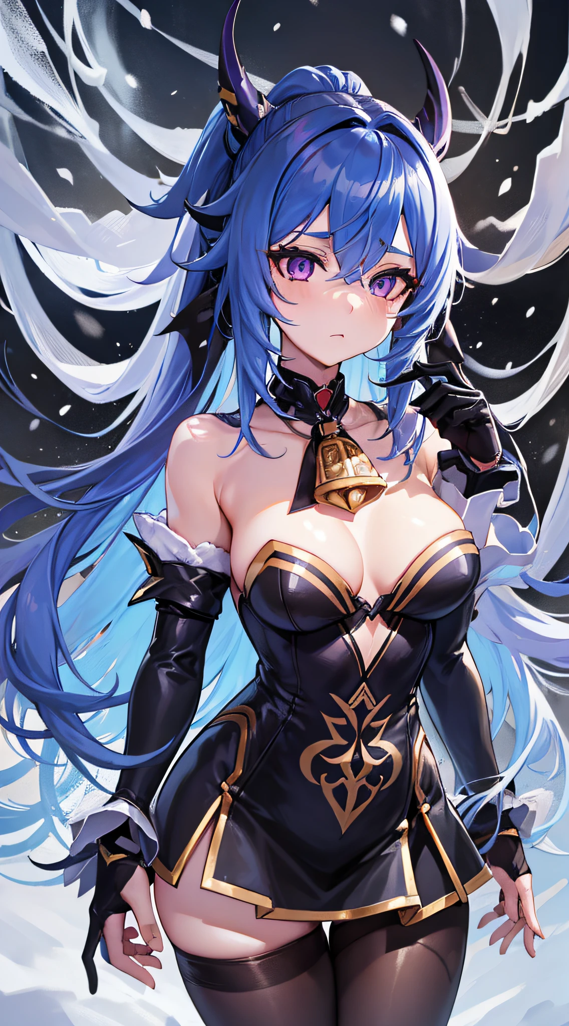 masterpiece, best quality, high resolution, 1girl, blue hair, long hair, extra long hair, ponytail, bangs, inter-eye hair, side hair, ahoge, goat horn, horn, purple eyes, bell, cowbell, neck bell, neck bell, collar, split collar, white collar, off-shoulder, pantyhose, black pantyhose, black pantyhose, bodystocking, long sleeve, pelvic curtain, split sleeve, white ankle sleeve, long sleeve, gold trim, medium chest, gloves, black gloves, ribbon, leg ribbon, leg band,, white footwear, vision ( genshin impact), ganyu\ (genshin impact\), outdoor, snow, mountain, standing, expressionless,