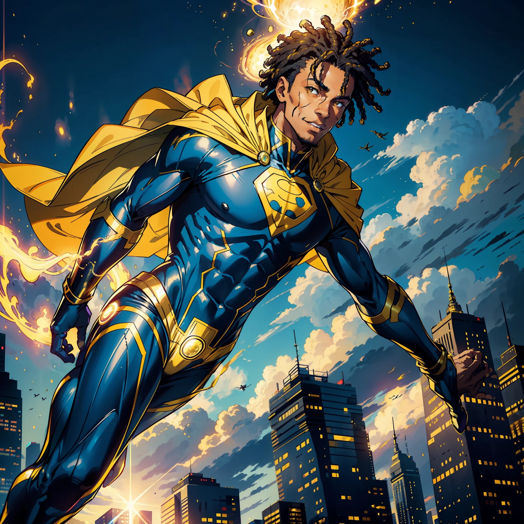 ((realistic: 1.5)),((best quality)), ((masterpiece)),((detailed)), tall man, black man, dreadlock, superhero outfit, yellow cape, yellow energy around, body on yellow fire, black suit, humble smile, flying over the city, blue sky, white clouds