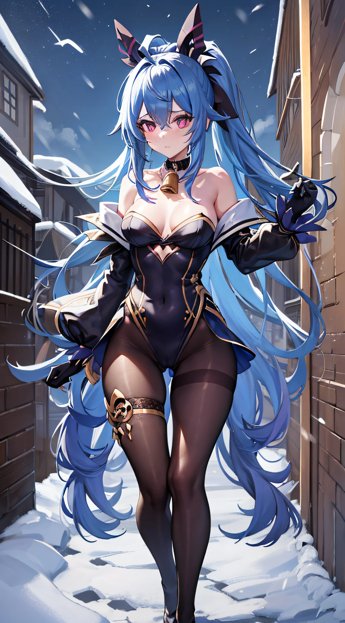 masterpiece, best quality, high resolution, 1girl, blue hair, long hair, extra long hair, ponytail, bangs, inter-eye hair, side hair, ahoge, goat horn, horn, purple eyes, bell, cowbell, neck bell, neck bell, collar, split collar, white collar, off-shoulder, pantyhose, black pantyhose, black pantyhose, bodystocking, long sleeve, pelvic curtain, split sleeve, white ankle sleeve, long sleeve, gold trim, medium chest, gloves, black gloves, ribbon, leg ribbon, leg band,, white footwear, vision ( genshin impact), ganyu\ (genshin impact\), outdoor, snow, mountain, standing, expressionless,