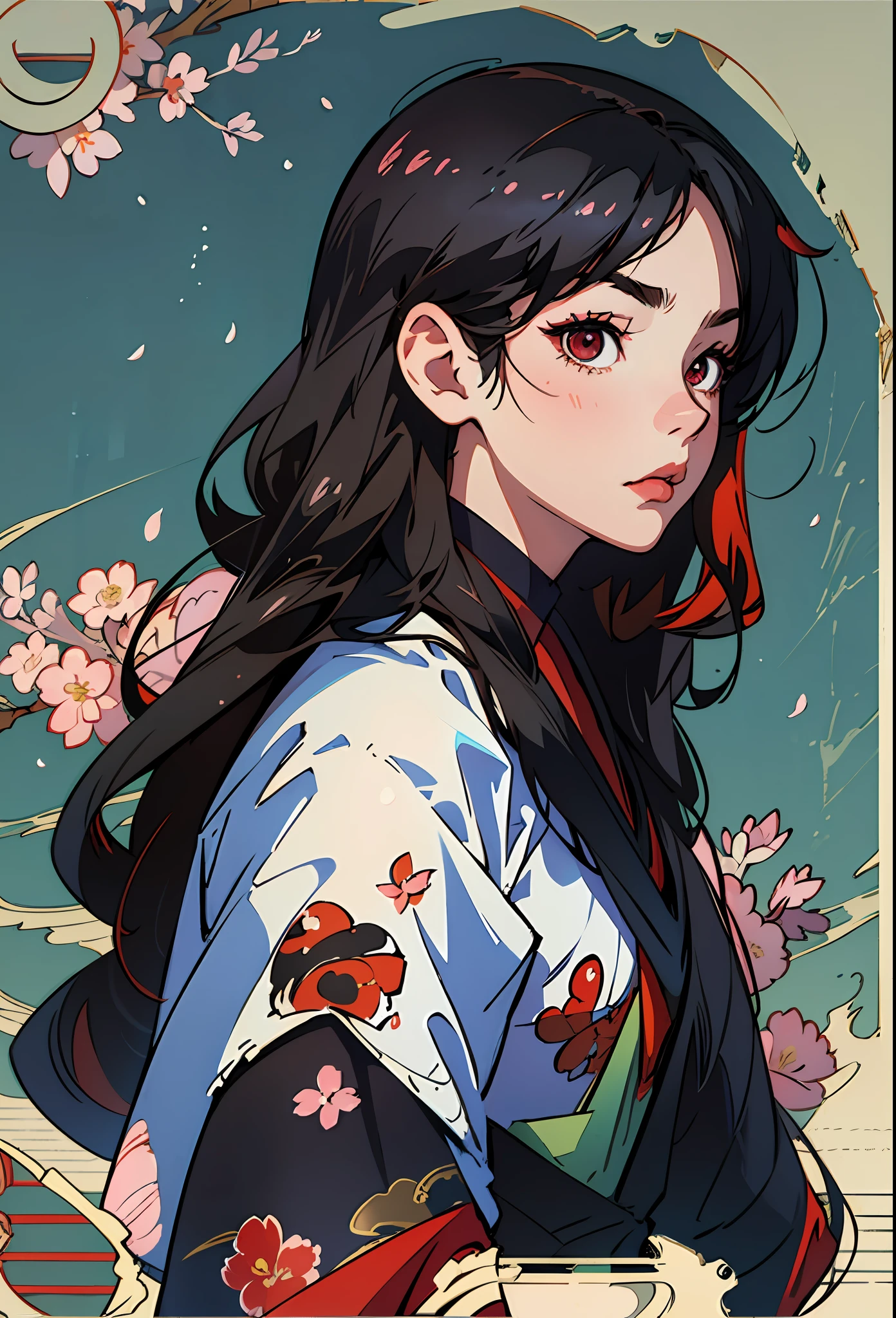 anime style boy,long black hair goosebumps and messy,boredom face,art,artwork,high resolution,wallpaper,red eyes,artistic background with cherry blossoms,kimono with lacoste print --auto --s2