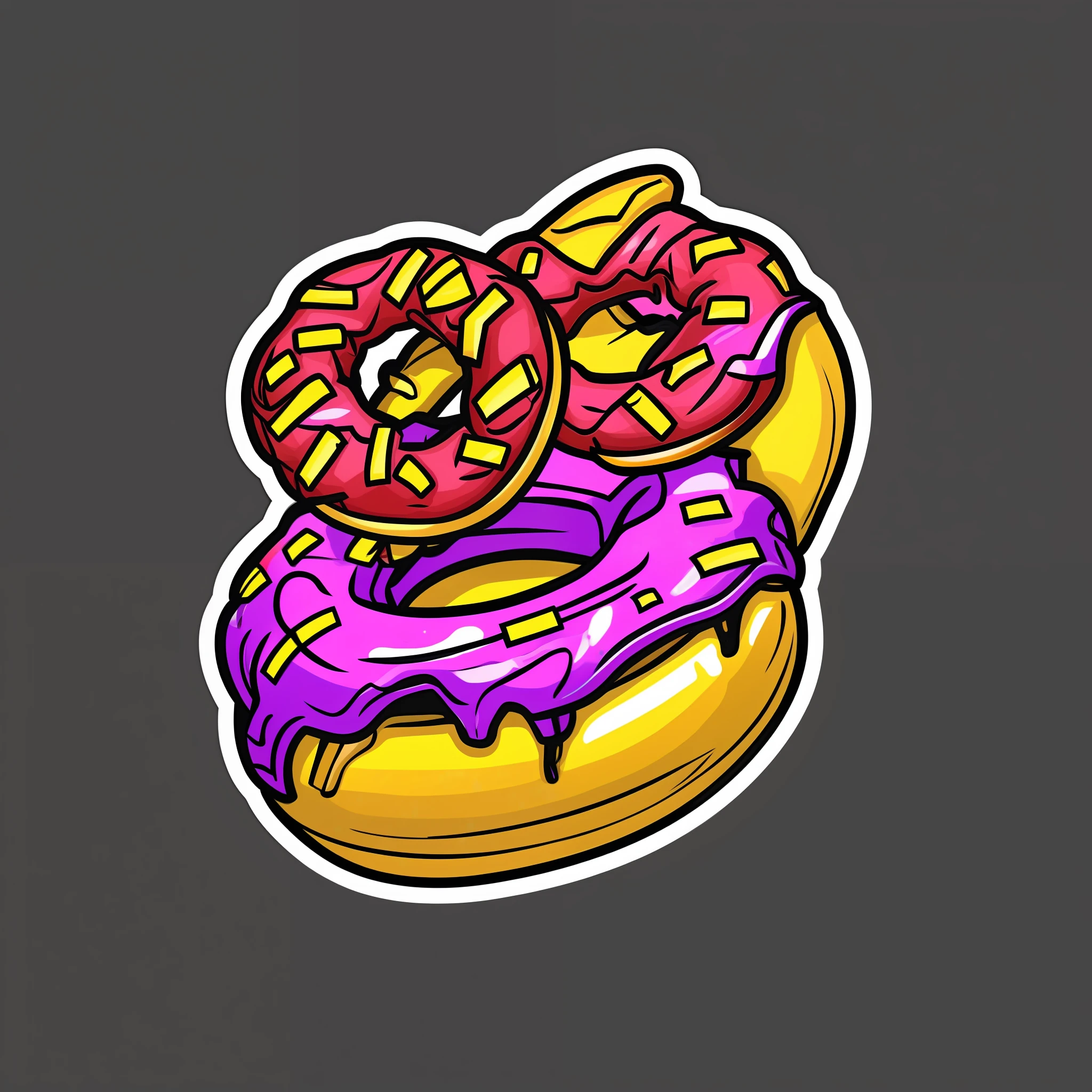 Realistic style, 1 character illustration 1Donut for a sticker with black background, in bold contour style, trashcore, luminous shading, 3D, three-dimensional, 8k