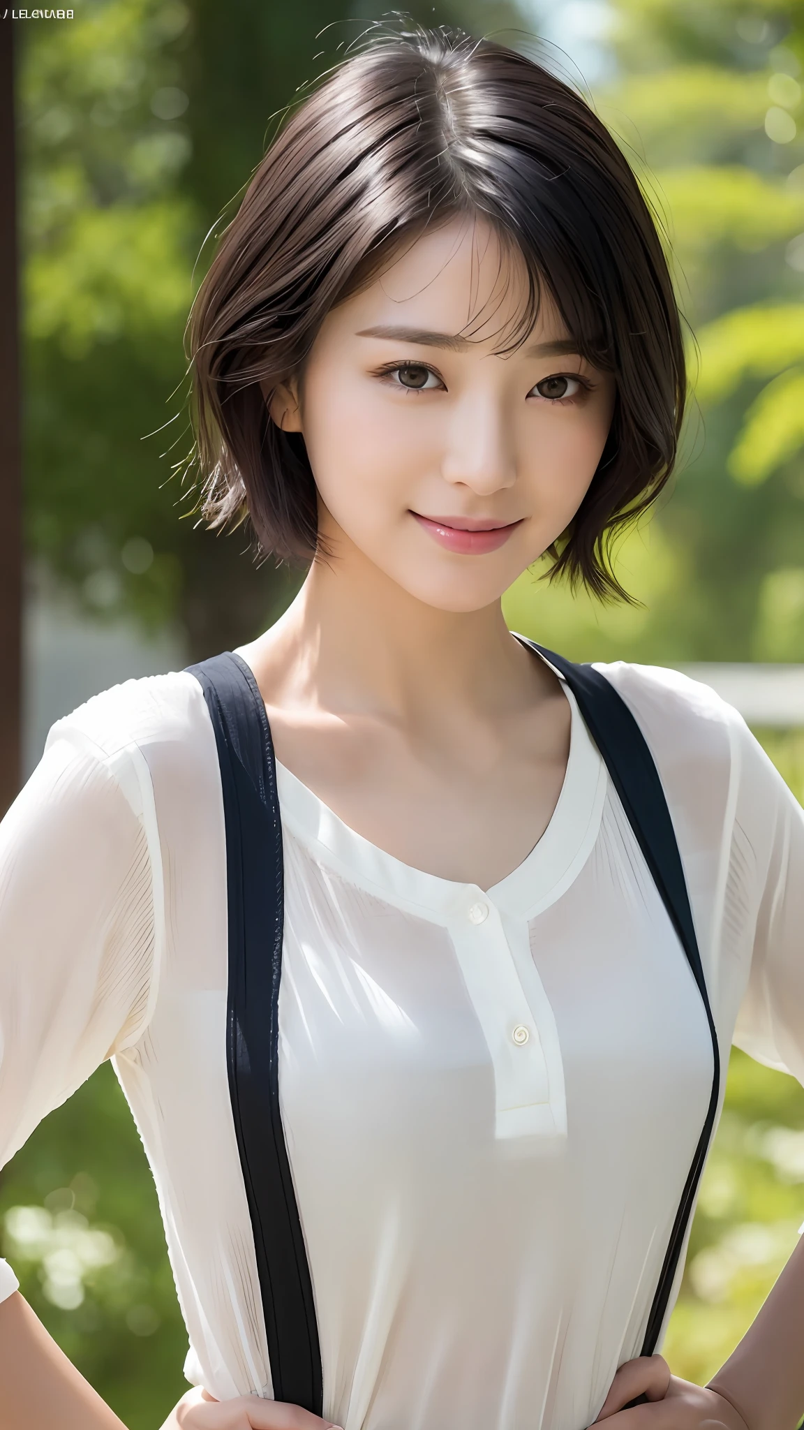(Masterpiece:1.3), (8K, Photorealistic, RAW Photography, Best Quality: 1.4), Japan People, (1 Girl), Beautiful Face, (Realistic Face), (Black Hair, Short Hair:1.3), Beautiful Hairstyle, Realistic Eyes, Beautiful Details, (Realistic Skin), Beautiful Skin, Attractive, Ultra High Definition, Ultra Realistic, High Detail, Golden Ratio, (Fatal Face:1.2), Look at the Beholder,Smile, Open white shirt, middle chest, standing, hands on hips, wear inner shirt
