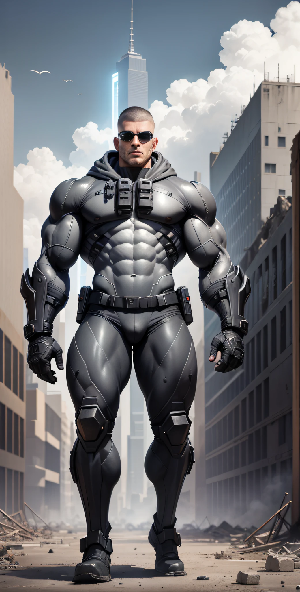 Arad man in gray, black and white clothes standing in desolate ruins, muscle male hero, Buzz cut, heroic male pose, tall and burly, muscular! Wearing black sunglasses, tall burly and strong, stealth suit, super buff and cool, high resolution committee, character design police, black military boots, attractive strong male